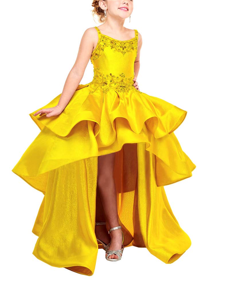 Girl's Hi-Low Beaded Pageant Dress - Square Neck with Straps, Flower Girl Dress for Weddings, Parties & Special Occasions