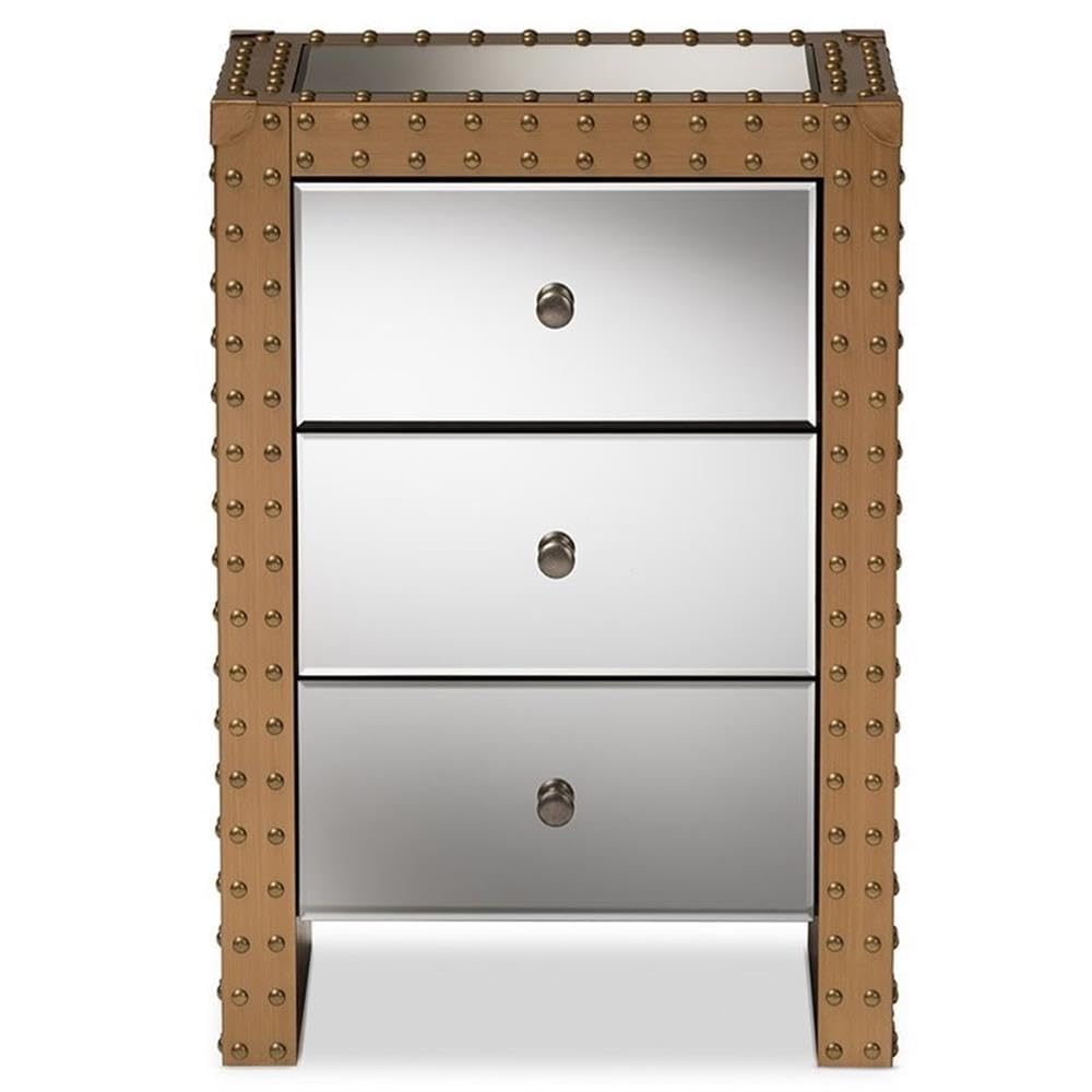 BOWERY HILL 3 Drawer Mirrored Nightstand - Silver & Natural Finish - Modern Bedside Table for Bedroom Decor & Storage
