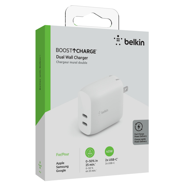 Belkin 40W Dual USB-C PD Fast Charger with 20W x 2 Ports - White | Perfect for iPhone, iPad & Android Devices | Home, Office & Travel Charging Solution