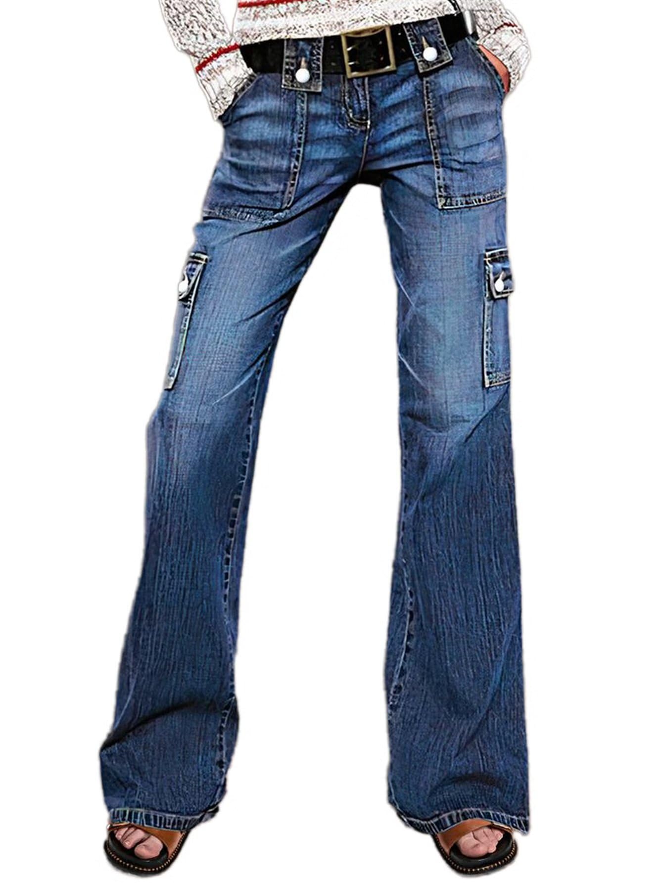 Flamingals Women's Low Rise Cargo Flare Jeans with Flat Pockets - Straight Leg Denim Pants No Belt Needed | Casual Wear, Street Style, Everyday Outfits