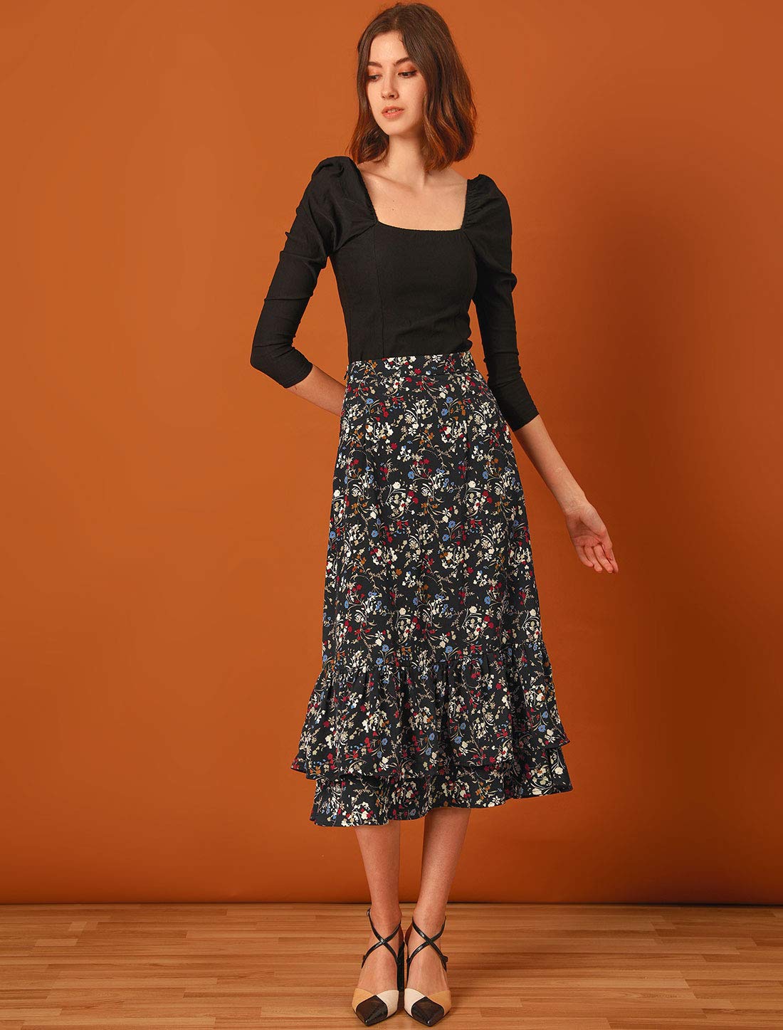 Allegra K Women's Printed Chiffon Midi Skirt - Elastic Waist, Ruffle Tiered Design, Trendy Spring Summer Flowy Skirt for Casual Outings, Beach Vacations & Date Nights