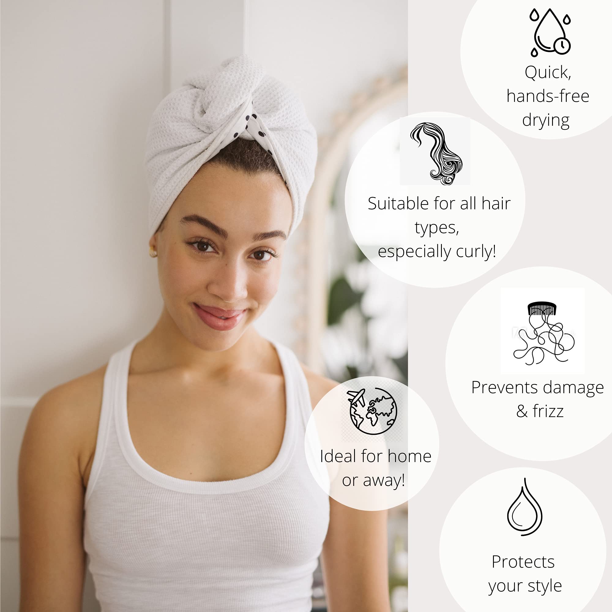 Polka Dot Reversible Satin Hair Towel Wrap for Women - Soft & Absorbent Hair Turban for Drying Wet Hair - Perfect for Shower, Spa, Salon & Home Use
