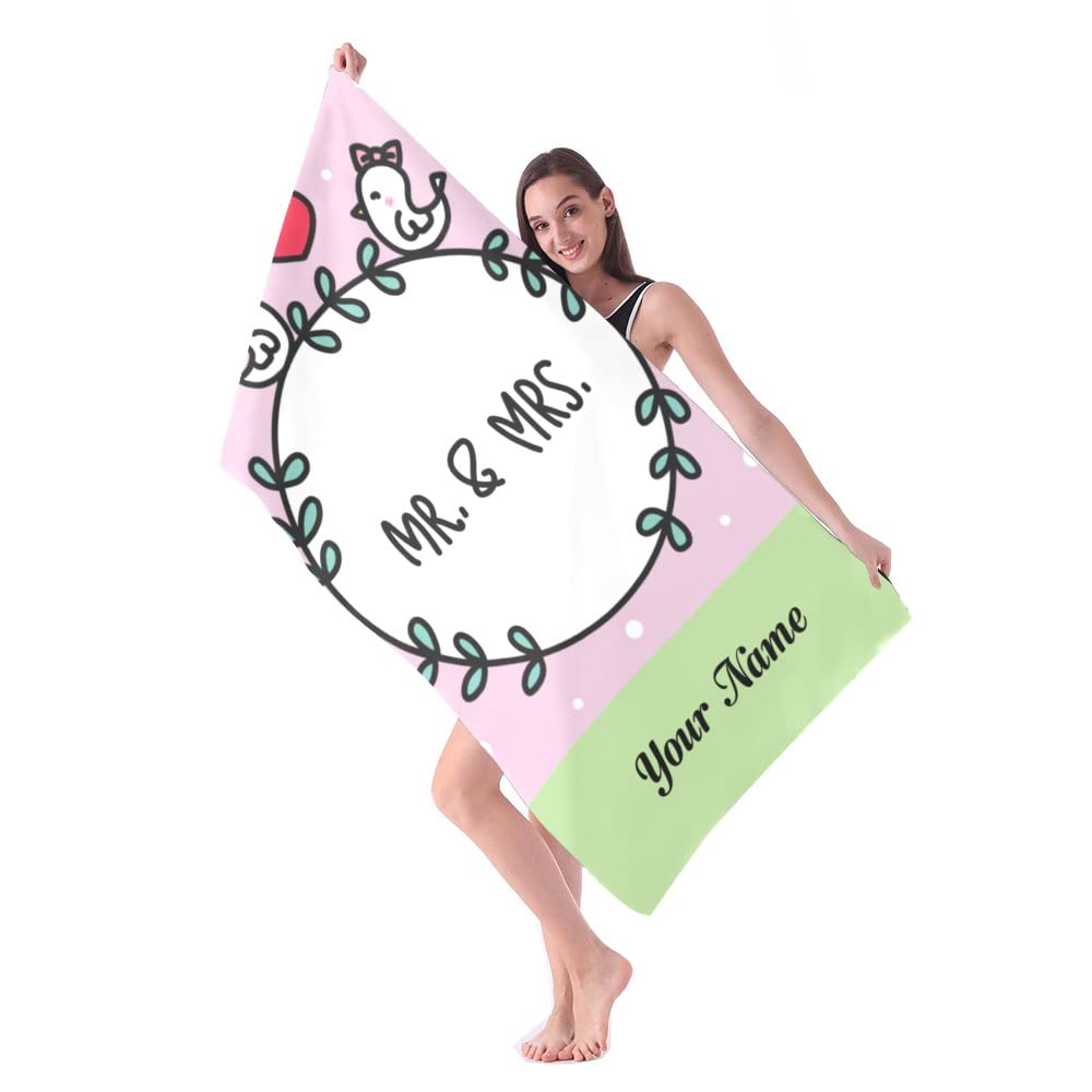 Custom Personalized Beach Towel with Names - Mr. & Mrs. Couple Birds Design Microfiber Bath Towel 30