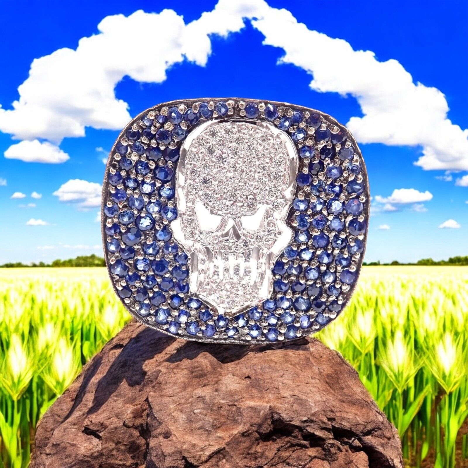 Authentic Loree Rodkin 18K White Gold Diamond Sapphire Skull Ring with Gift Box - Gothic Jewelry for Women, Perfect for Halloween, Punk Fashion & Unique Gift Giving