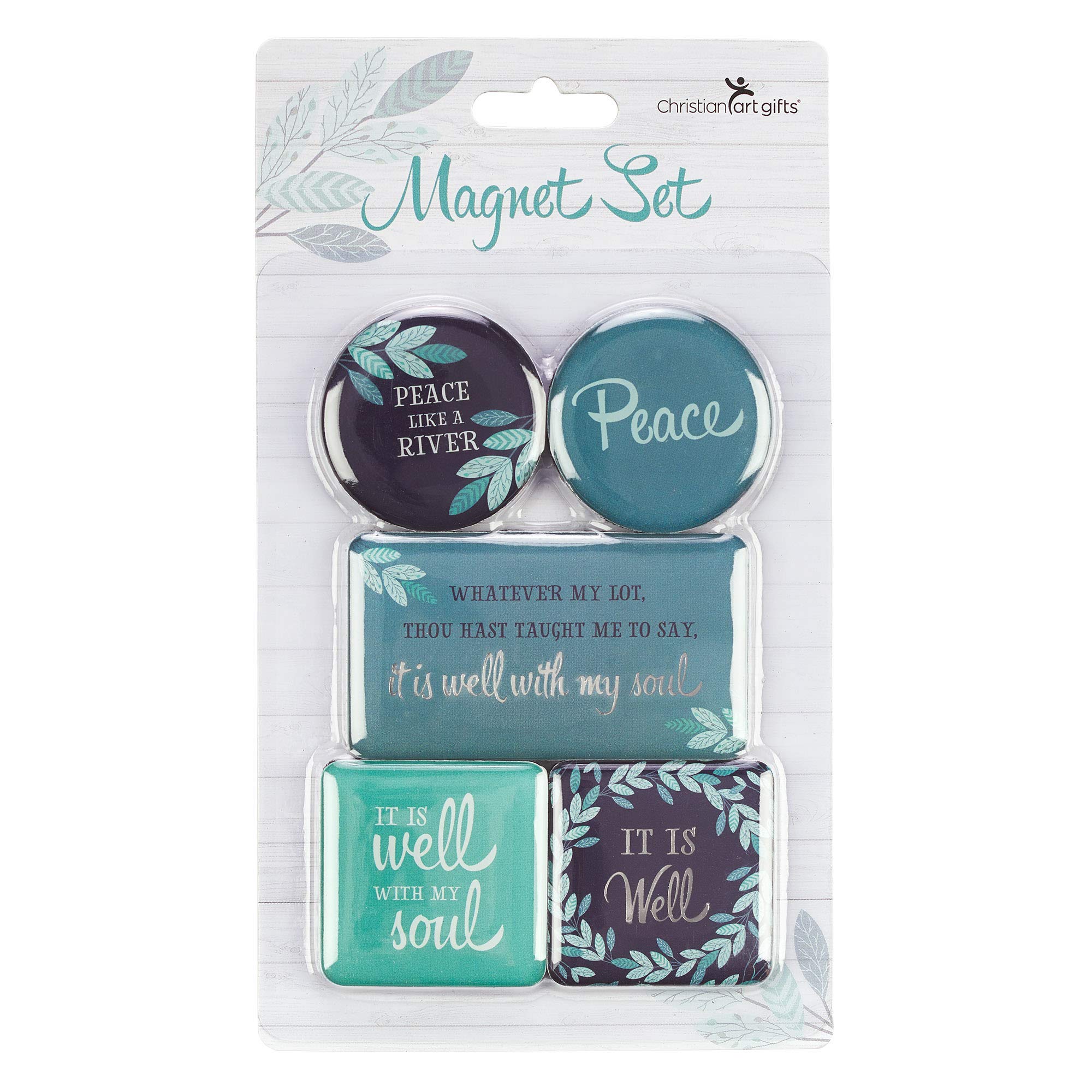 Inspirational Christian Fridge Magnets Set of 5 - Teal & Blue Spiritual Hymn Decor with 'It Is Well with My Soul' - Leafy Wreath Refrigerator Magnets for Home, Kitchen & Office Decor - Perfect for Gifts, Bible Study & Faith-Based Spaces