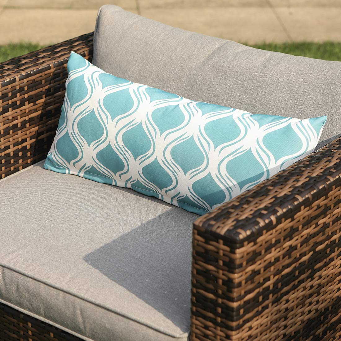 All-Weather Mottlewood Brown Wicker Patio Chair with Thick Gray Cushions & Teal Pattern Pillow - Durable Outdoor Furniture for Garden, Poolside, and Deck Relaxation