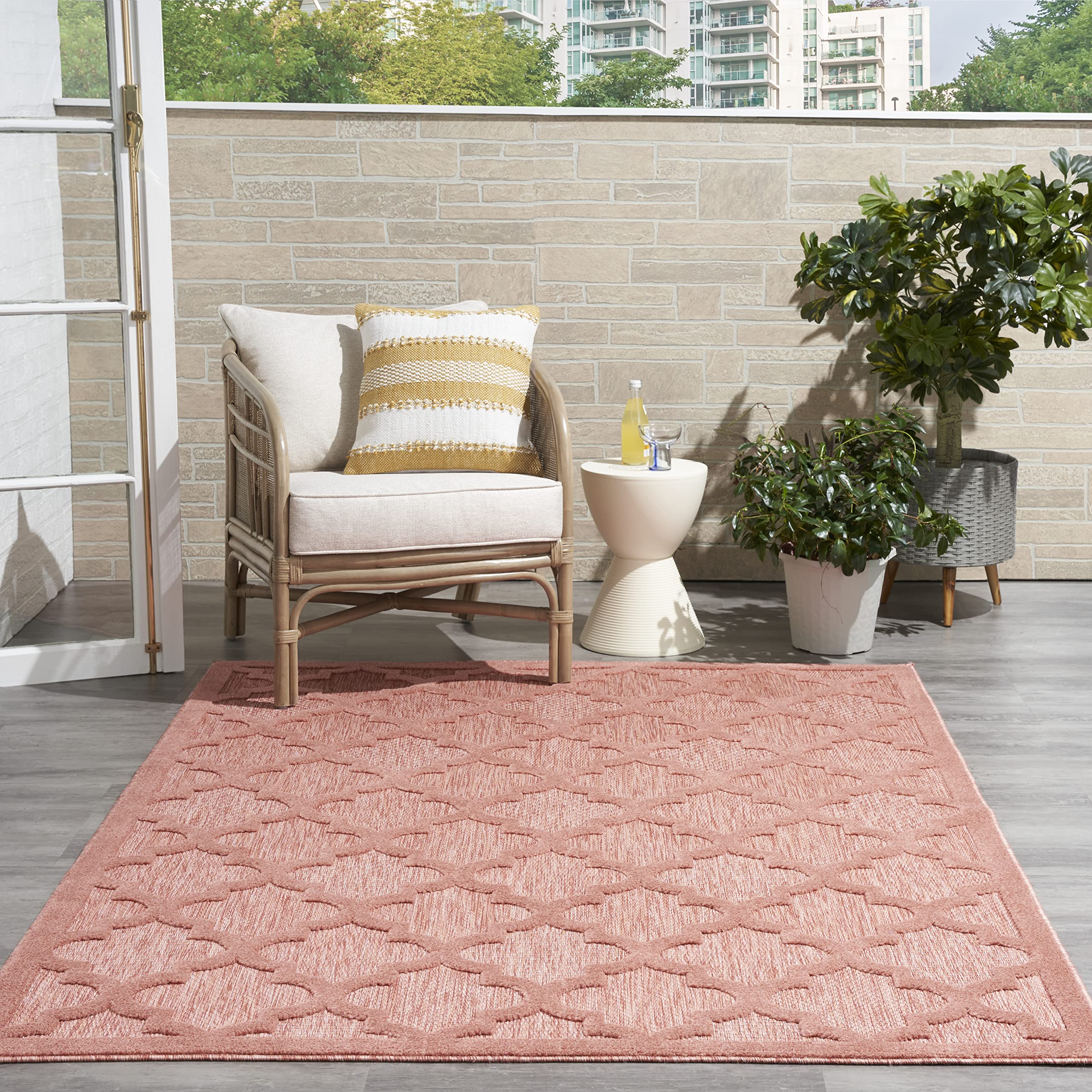 Nourison Easy Care Moroccan Coral/Orange 5' x 7' Area Rug - Trellis Pattern, Stain Resistant & Non-Shedding for Easy Cleaning | Perfect for Bedroom, Living Room, Dining Room, Backyard, Deck & Patio (5x7) - Adds Boho Chic Style to Any Space