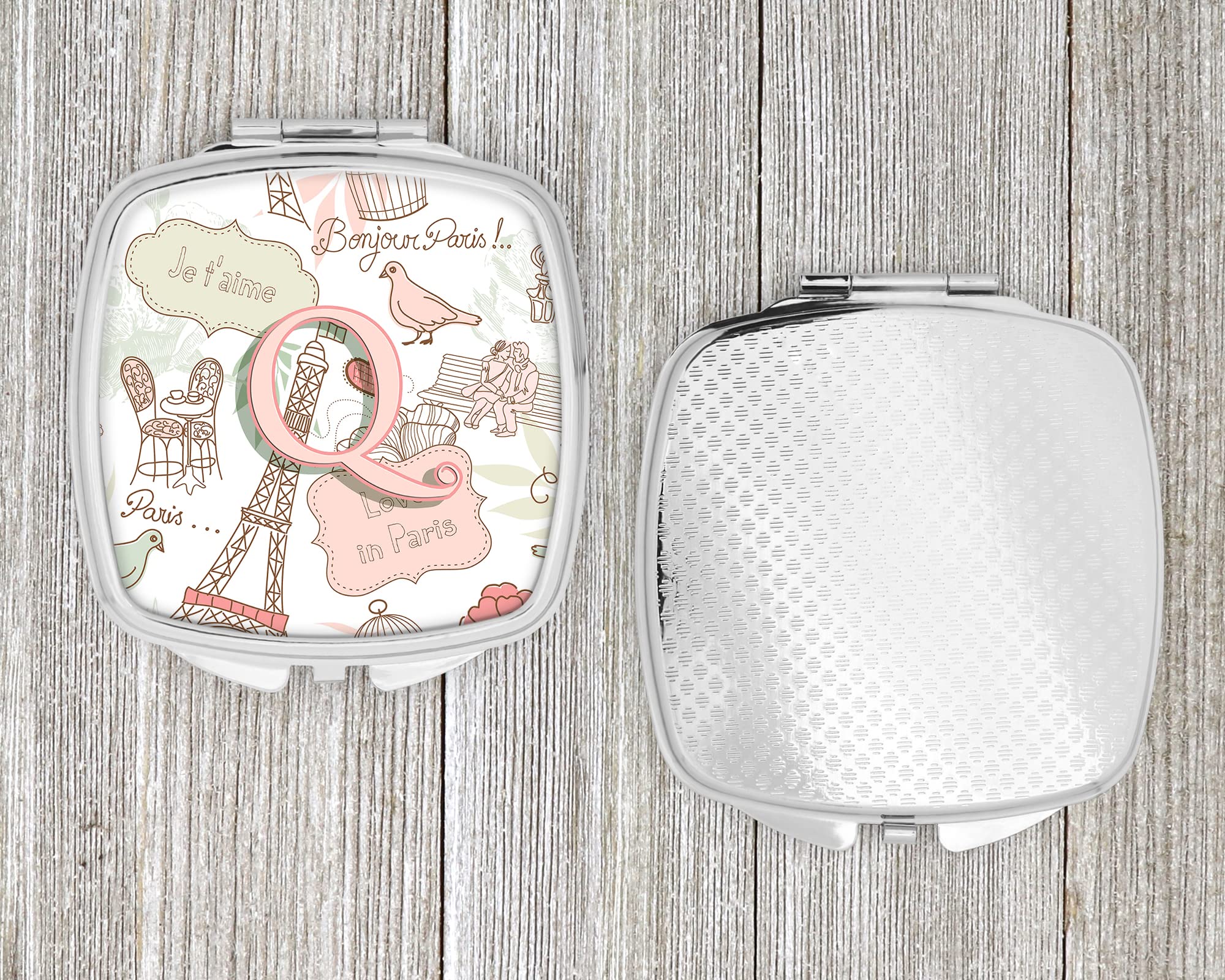 Caroline's Treasures CJ2002-QSCM Paris-Themed Letter Q Pink Compact Mirror - Travel Makeup Mirror for Women & Girls, Handheld Folding Pocket Mirror - Perfect Gift for Birthdays, Valentine's Day & Travel Accessories