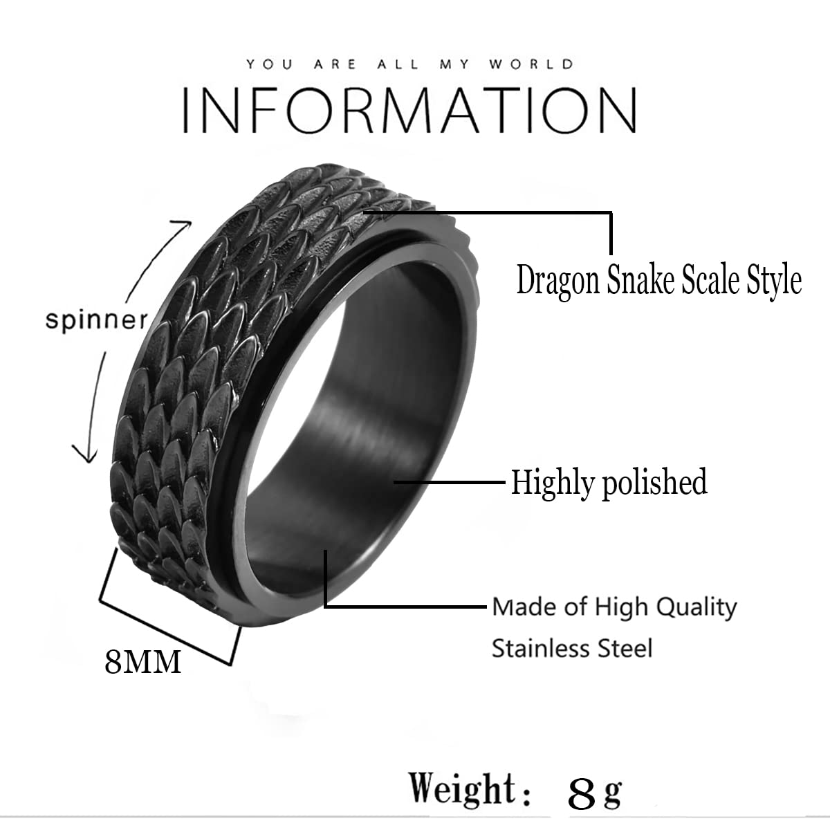 Nanafast Dragon Scale Anxiety Ring for Men - Cool Stainless Steel Snake Dragon Spinner Fidget Ring - Stress Relief & Focus Aid - Perfect for Office, Travel & Anxiety Management