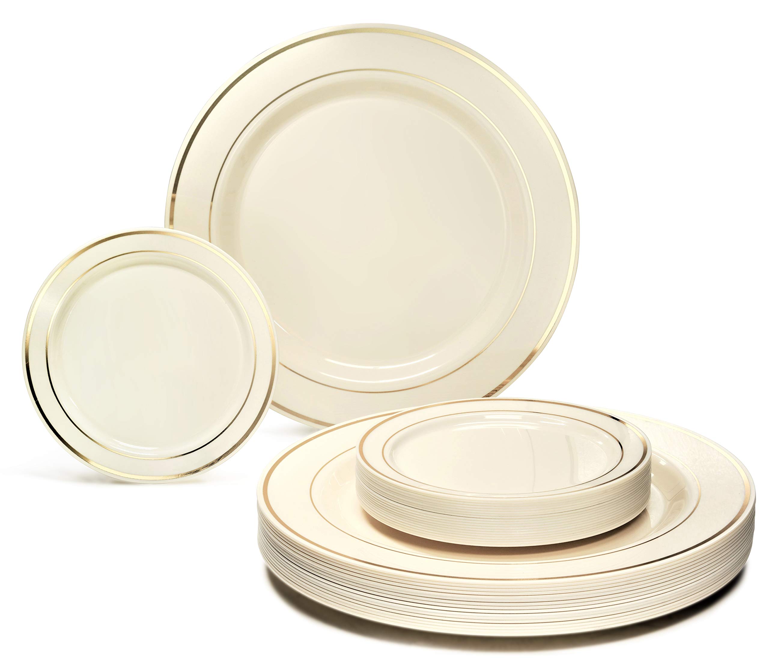 125-Piece Heavyweight Disposable Wedding Dinnerware Set - 25 Guest Ivory Plastic Plates (10.5'' & 6.25'') with Gold Rim & Silverware - Elegant Party, Bridal Shower, Banquet Tableware for Special Occasions