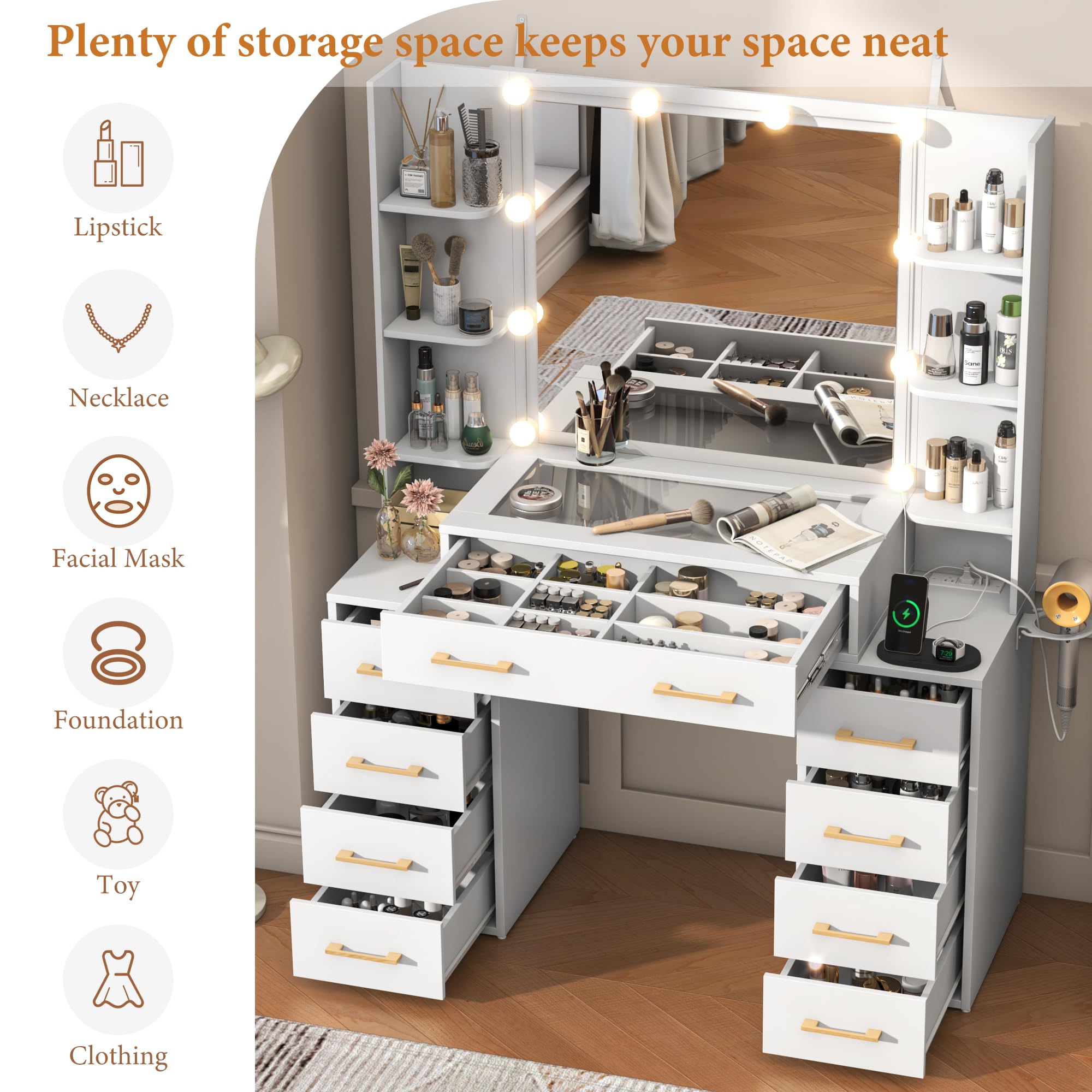 Modern White Glass Top Vanity Desk with LED Lights & Mirror - Large Makeup Dressing Table with Charging Station, 9 Drawers & 6 Shelves for Storage - Perfect for Bedroom, Dressing Room & Home Salon Organization