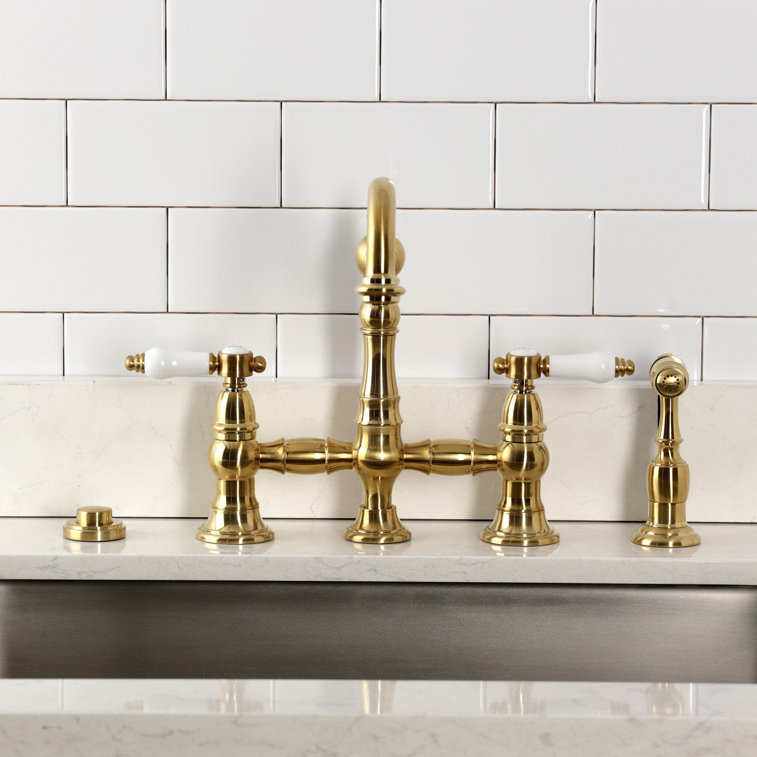 Bel Air KS3277BPLBS Brushed Brass 2-Handle 4-Hole Deck Mount Bridge Kitchen Faucet with Side Sprayer - Perfect for Farmhouse & Vintage Style Kitchens