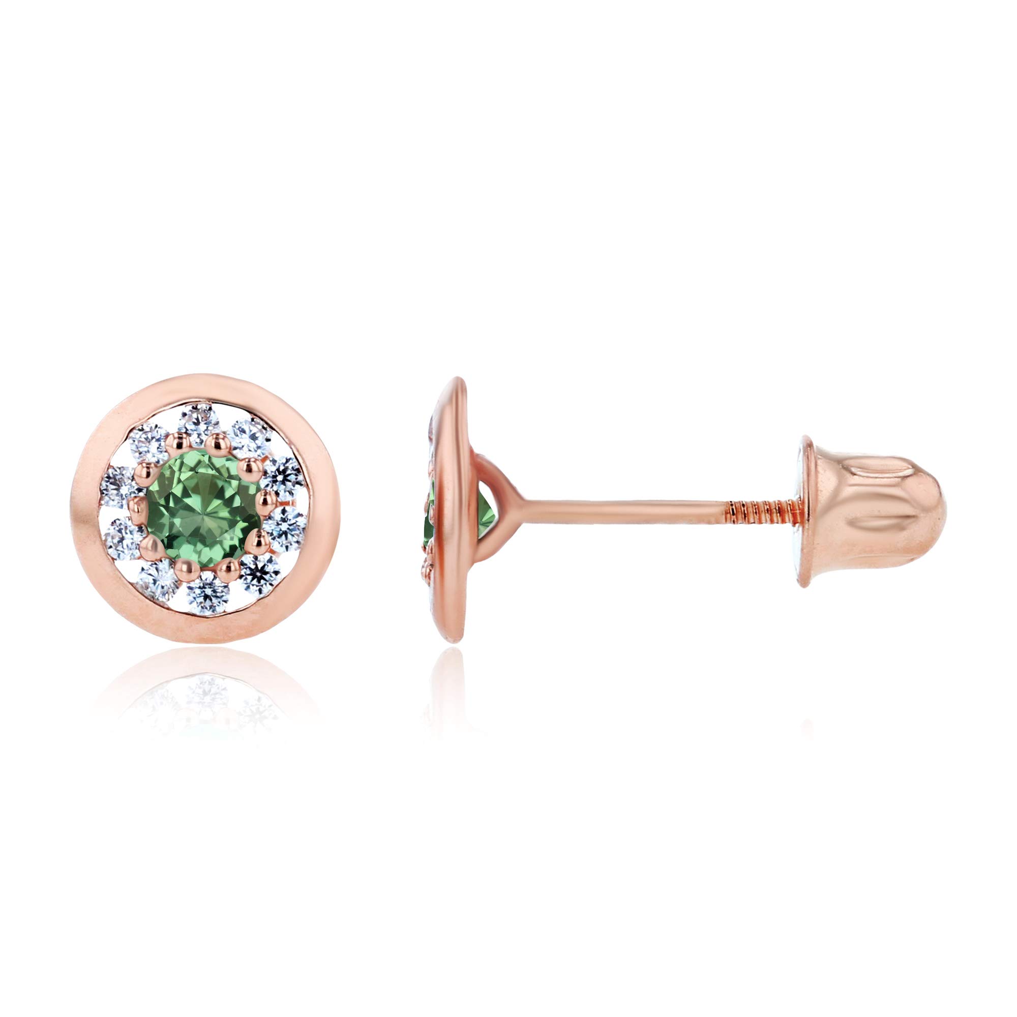 14K Solid Gold 6mm Round Natural Birthstone Screwback Stud Earrings for Women | 2.50mm Round Birthstone | 1mm Created White Sapphire Pavé Circle Earrings | Perfect for Everyday Wear, Gifts & Special Occasions