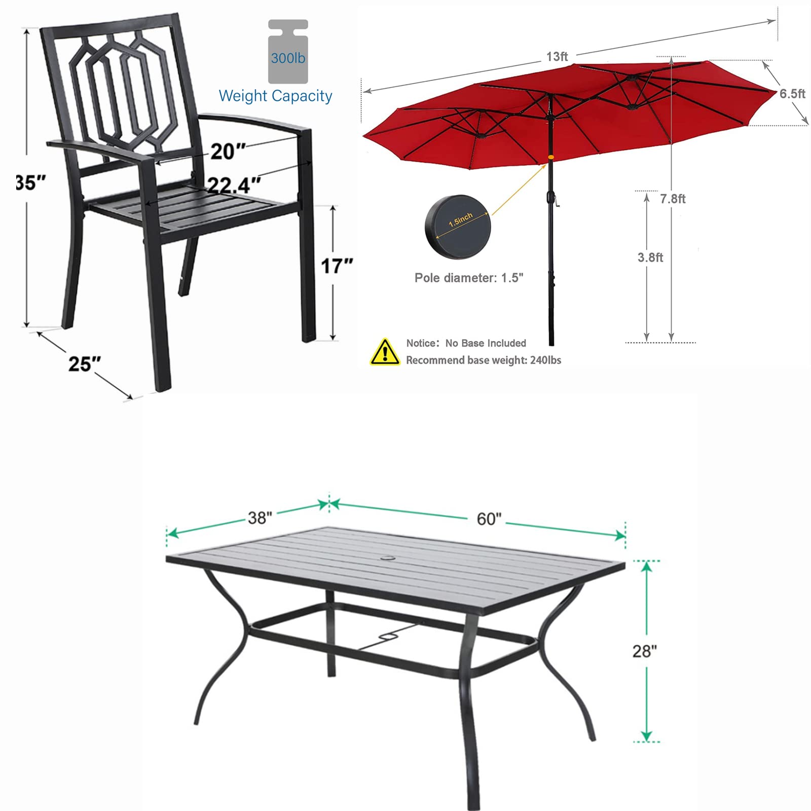 MFSTUDIO 8-Piece Outdoor Patio Dining Set with 4 Stackable Chairs, 2 Swivel Chairs, Steel Frame Table & 13ft Umbrella (Orange Red) - Perfect for Backyard BBQs, Poolside Gatherings & Garden Parties (Base Not Included)