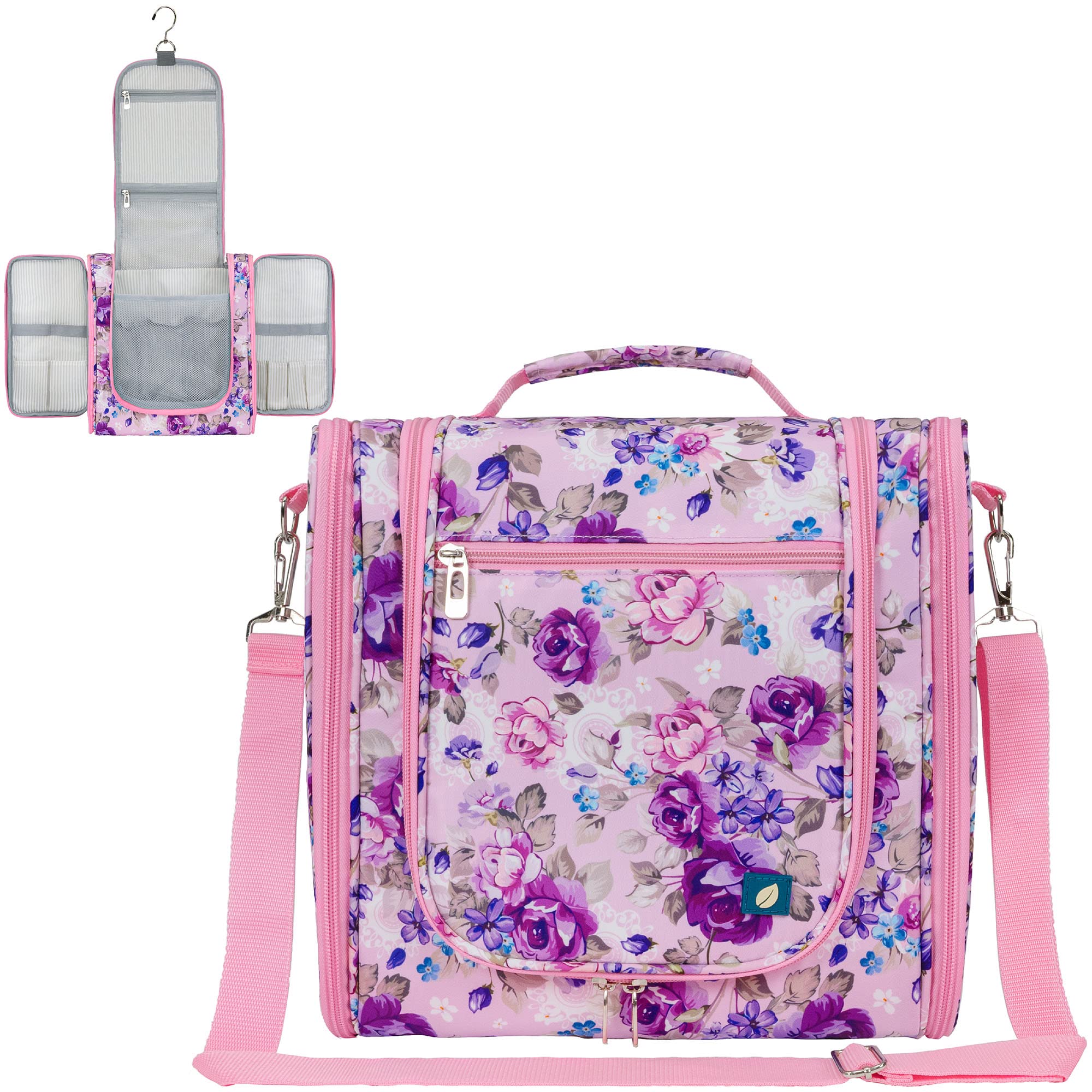 PAVILIA Large Hanging Toiletry Bag - Waterproof Travel Cosmetic Organizer for Women & Men - Floral Pink for Trips & Gyms