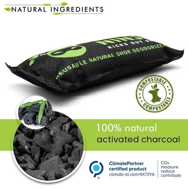 Activated Charcoal Shoe Deodorizer Inserts - Natural Shoe Odor Eliminator Bags for Men & Women - Absorbs Bad Smell & Moisture - Pack of 4 with Free Nail Clippers - Perfect for Gym Shoes, Work Boots & Daily Footwear