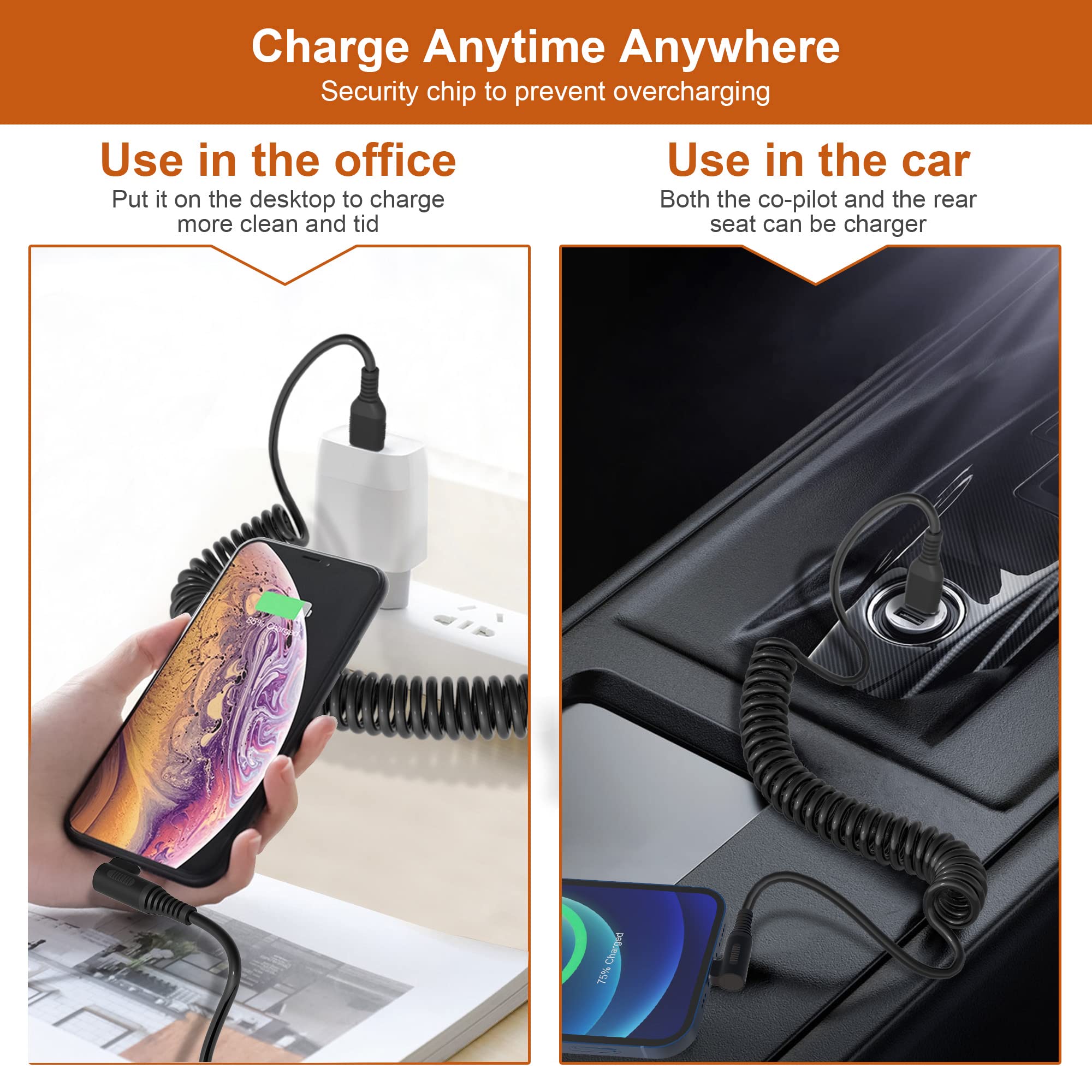 MFi Certified Right Angle Lightning Cable - 2.4A Fast Charging & Data Sync - Coiled CarPlay Charger for iPhone 13/12/11/Pro/X/XS/Max/Plus - Perfect for Car Dashboard & Tight Spaces