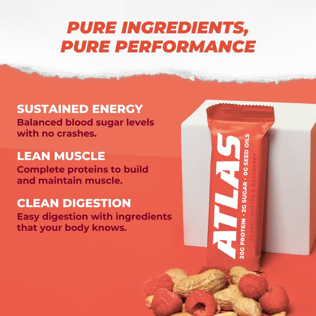 Atlas Protein Bar - High Protein 20g, Low Sugar 1g, Gluten Free, Clean Ingredients - Peanut Butter Raspberry Flavor (12 Bars) - Perfect for Post-Workout Recovery, Healthy Snacking & On-the-Go Nutrition