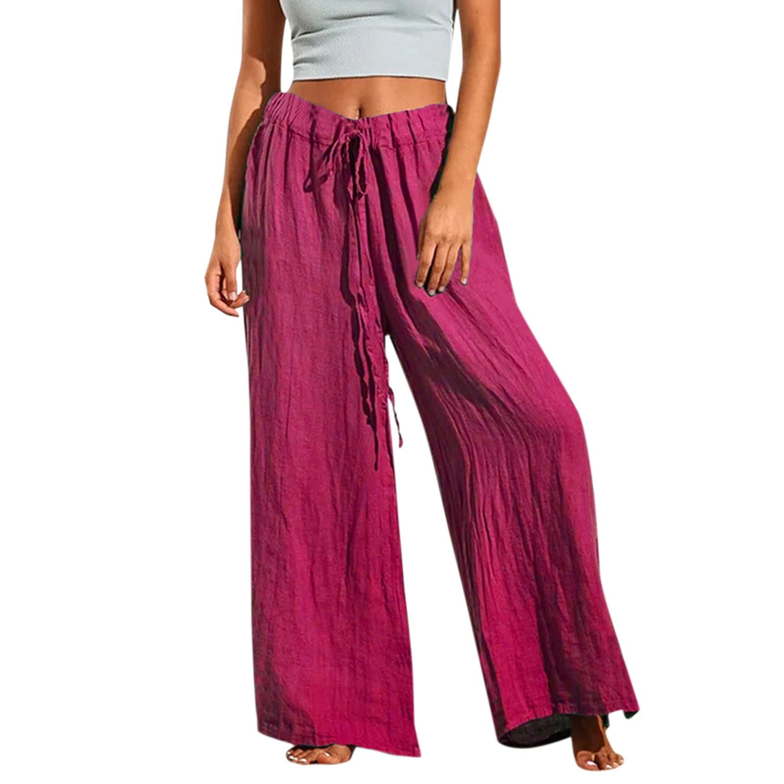 Women's Linen Paperbag Pants - High Waist Loose Casual Drawstring Trousers with Side Slits, Solid Color Petite Linen Pants for Summer, Travel & Beach Wear