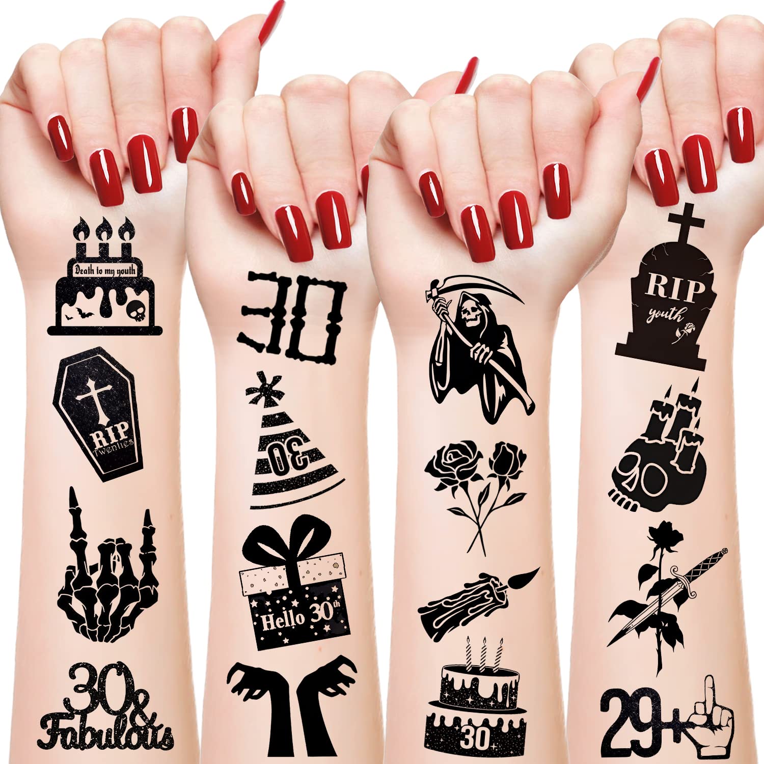 190 PCS Death to My 20s Party Decorations - RIP My Twenties Temporary Tattoos & 30th Birthday Supplies - Funny Black Funeral Theme for Women & Men - Perfect for Thirtieth Birthday Parties, Milestone Celebrations & Humorous Adult Gatherings
