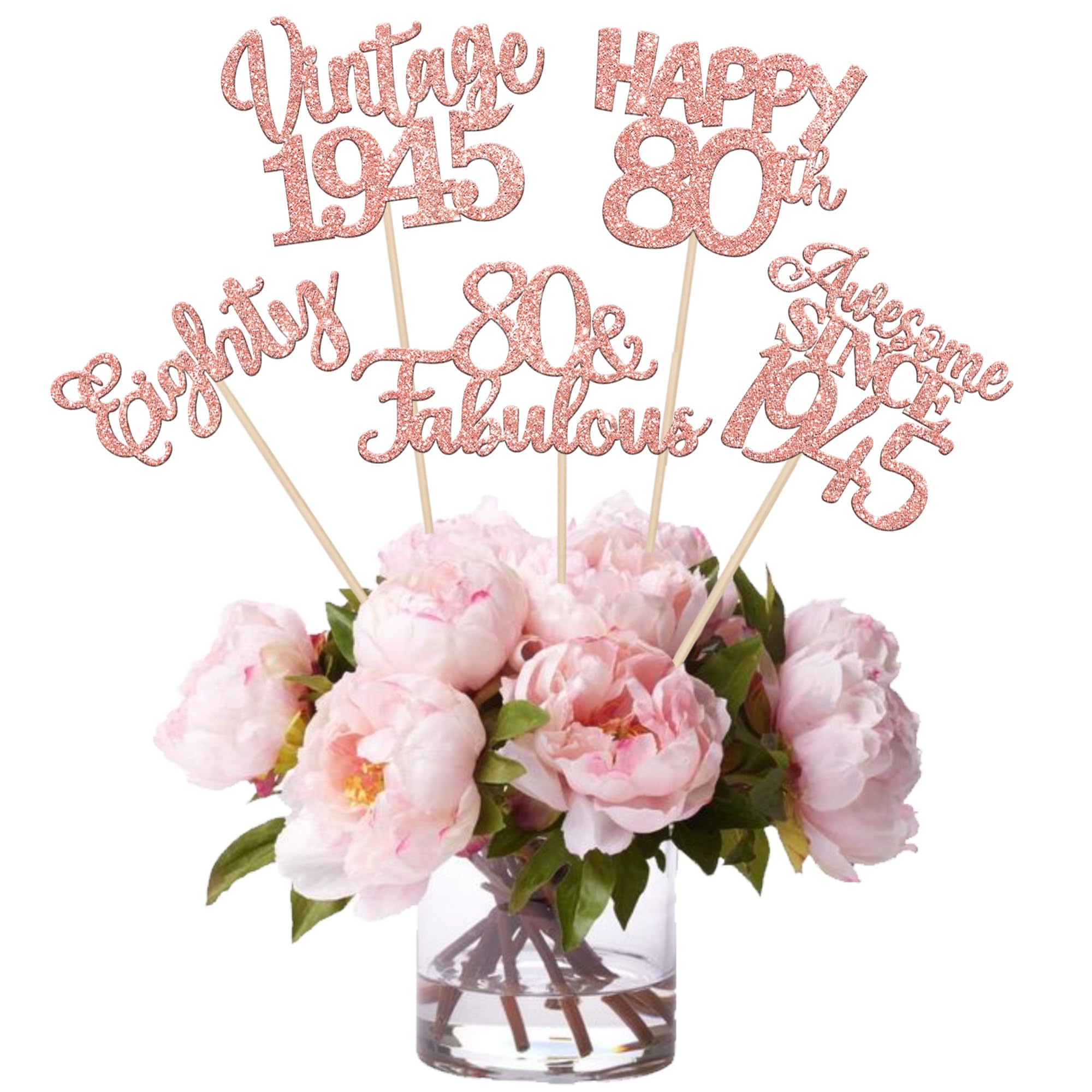 15 PCS 80th Birthday Centerpiece Sticks - Happy 80th Vintage 1945 Floral Decorations, Rose Gold Table Flower Centerpieces for Birthday Party Supplies - Perfect for 80th Anniversary Celebrations, Retirement Parties, and Milestone Event Decor