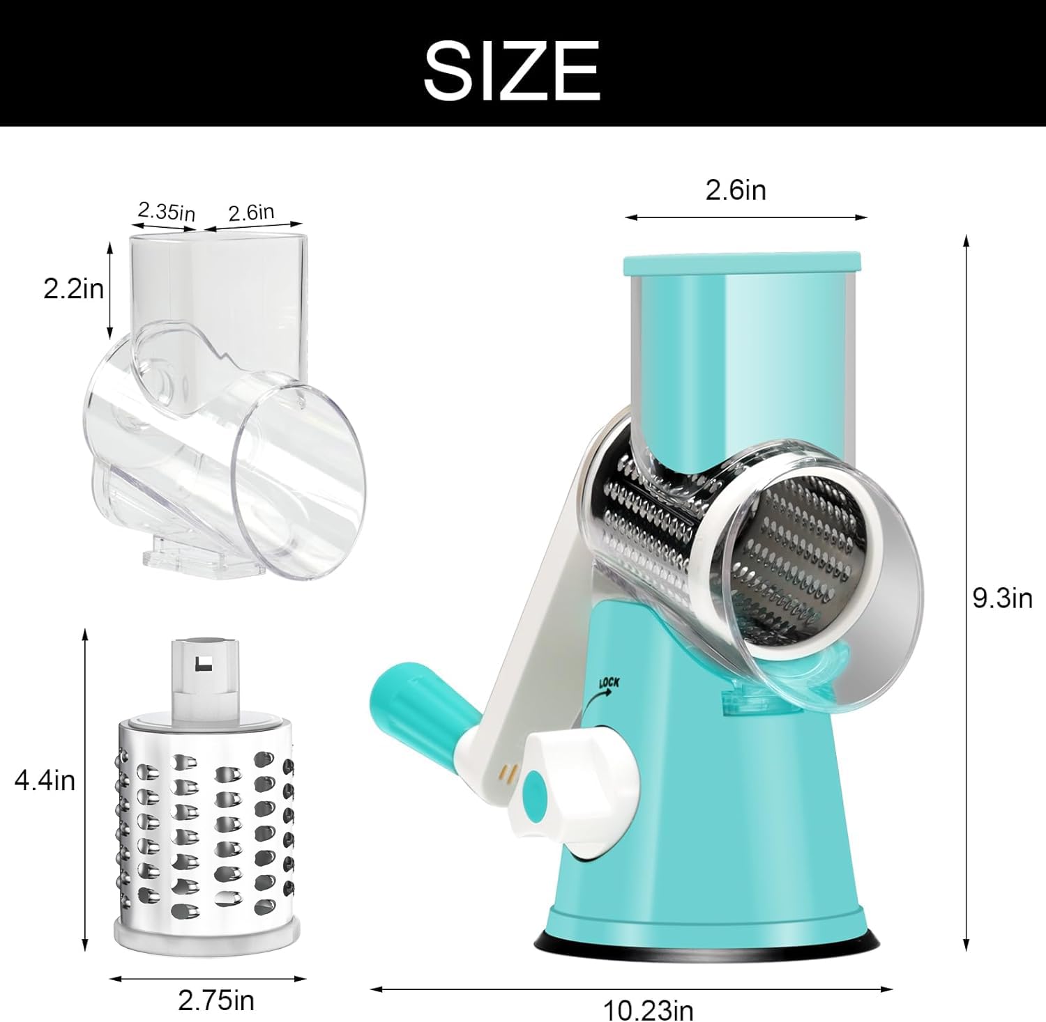 Cambom Rotary Cheese Grater - Hand Crank Cheese Shredder for Fresh Cheese, Vegetables, Nuts - Non-Slip Suction Base with Free Cleaning Brush & 3 Blades (Blue) - Perfect for Pizza, Pasta, Salads & Cooking Prep