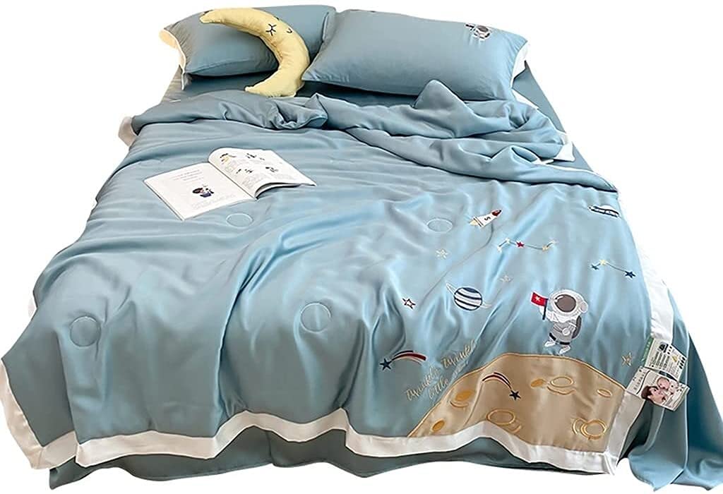 Double-Sided Tencel Cooling Quilt - Lightweight Summer Bedding for Single/Double Beds | Breathable Ice Silk Patchwork Comforter | Air Conditioning Friendly | Blue 47x59 Inches (120x150cm) | Perfect for Hot Sleepers & Summer Nights