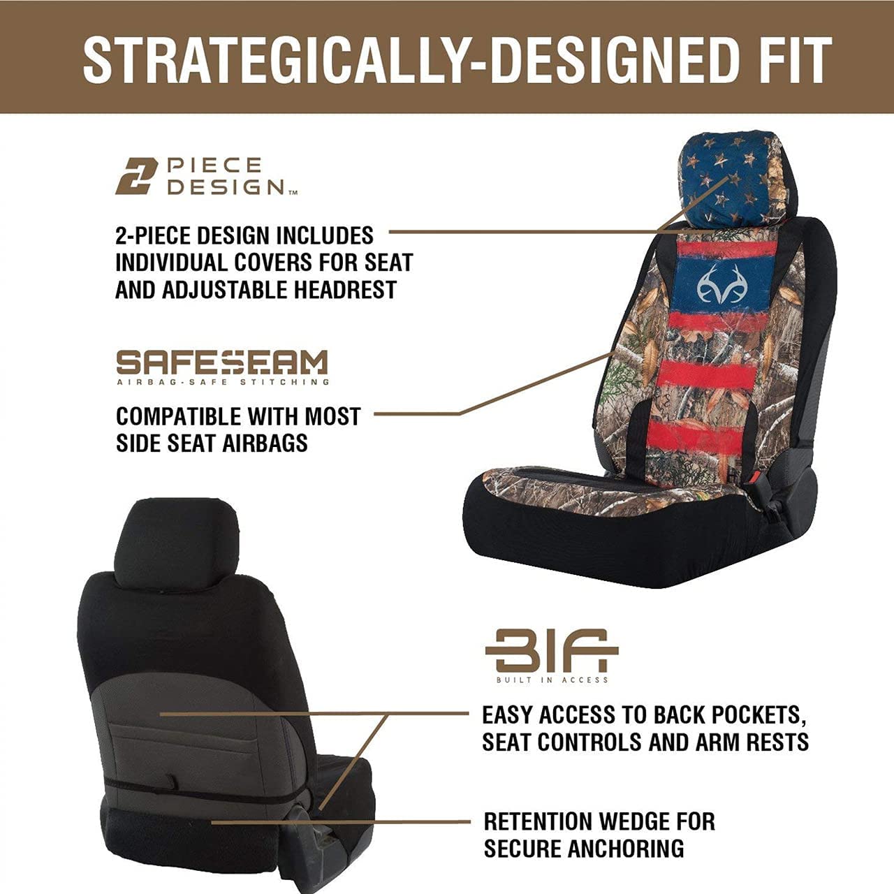 Realtree Camo Low Back Seat Cover - Waterproof Edge/Americana Design for Trucks, Cars & SUVs | Perfect for Hunting, Off-Roading & Outdoor Adventures