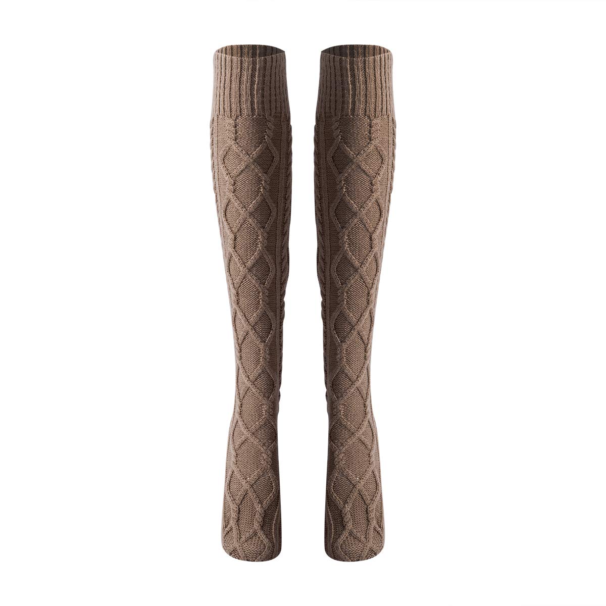 Women's Cable Knit Knee High Socks - Striped Cotton Thigh High Stockings for Winter Warmth