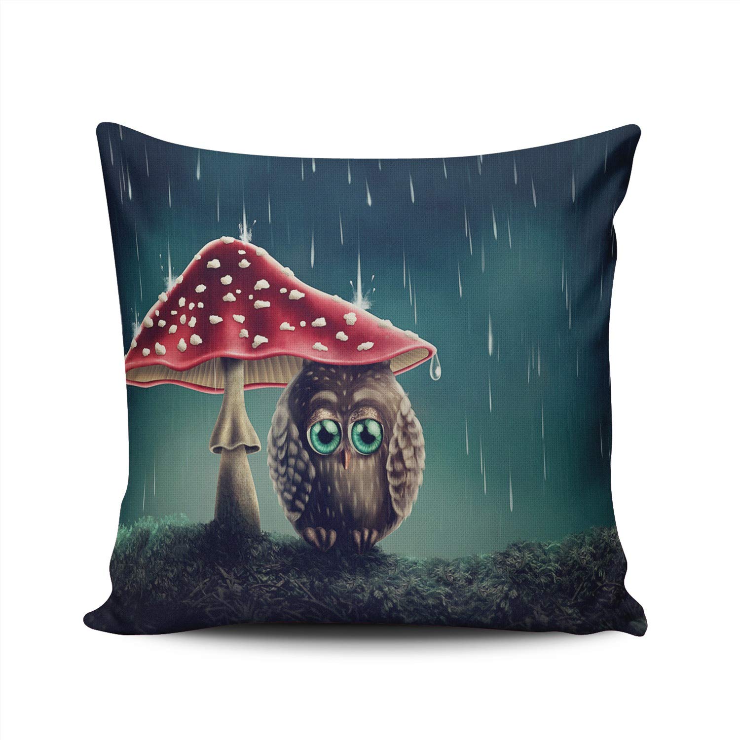 Little Owl Sitting Under Mushrooms Decorative Throw Pillow Cover - 16x16 Inch Square Hidden Zipper Double Sided Printed Custom Pillowcase - Perfect for Living Room, Bedroom & Nursery Decor