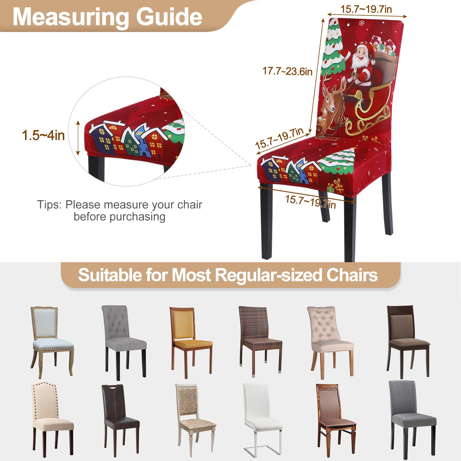 Stretchable Christmas Dining Chair Covers Set of 4 - Washable Spandex Xmas Parsons Chair Slipcovers with Santa & Deer Print for Holiday Decorations, Kitchen & Party Use - Perfect for Christmas Dinner, Family Gatherings & Festive Home Decor