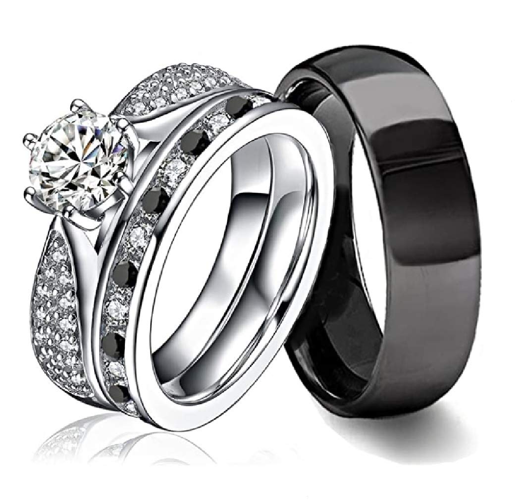 Elegant Matching Black CZ Wedding Ring Sets for Women - Cubic Zirconia Engagement & Wedding Bands - Perfect for Proposals, Anniversaries & Bridal Jewelry Gifts