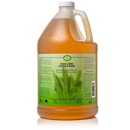 Organic Carolina Sage Lime Castile Liquid Soap - Vegan, Skin-Softening Olive Oil Body Wash - Pure Plant-Based Soap for Shower, Bath & Hand Washing (Sage Lime Scent, 1 Gallon) - Perfect for Sensitive Skin & Eco-Friendly Home Use