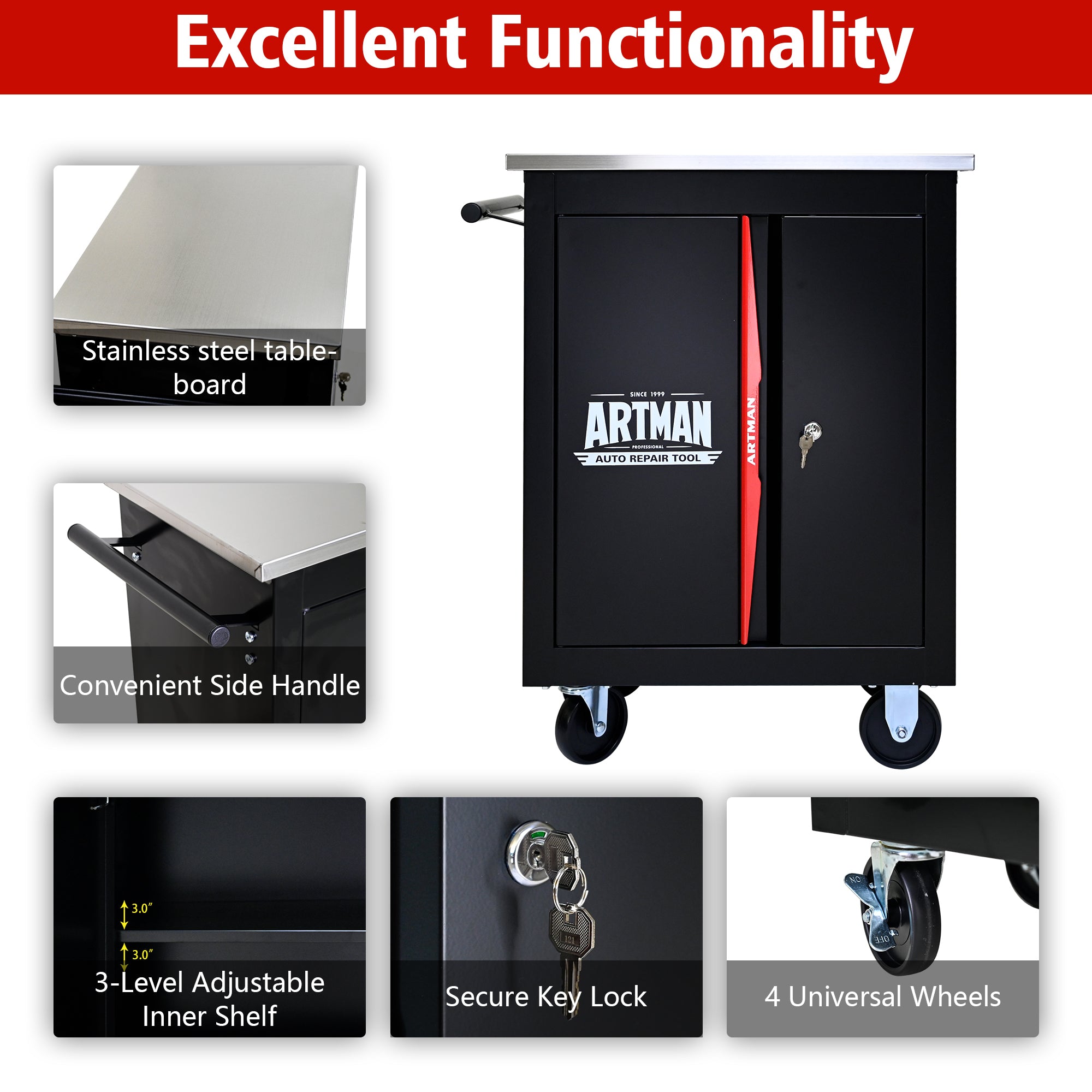 Double Door Clapboard Multi-Function Tool Cart - Black & Red | Heavy Duty Rolling Utility Cart for Workshop, Garage & Home Organization