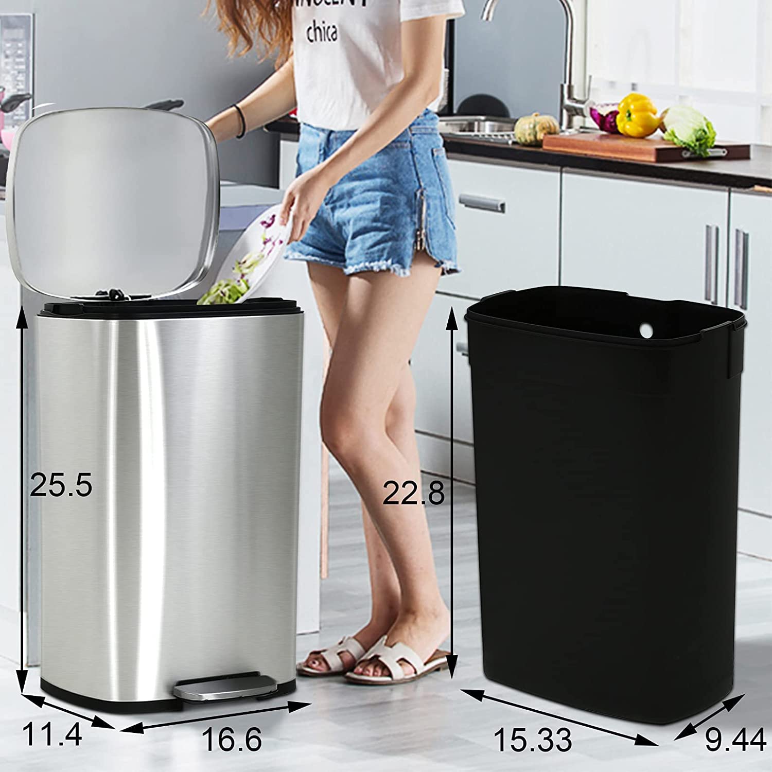 13 Gallon Stainless Steel Step Trash Can with Lid - Silver Kitchen Garbage Bin for Home, Office & Restaurant Use