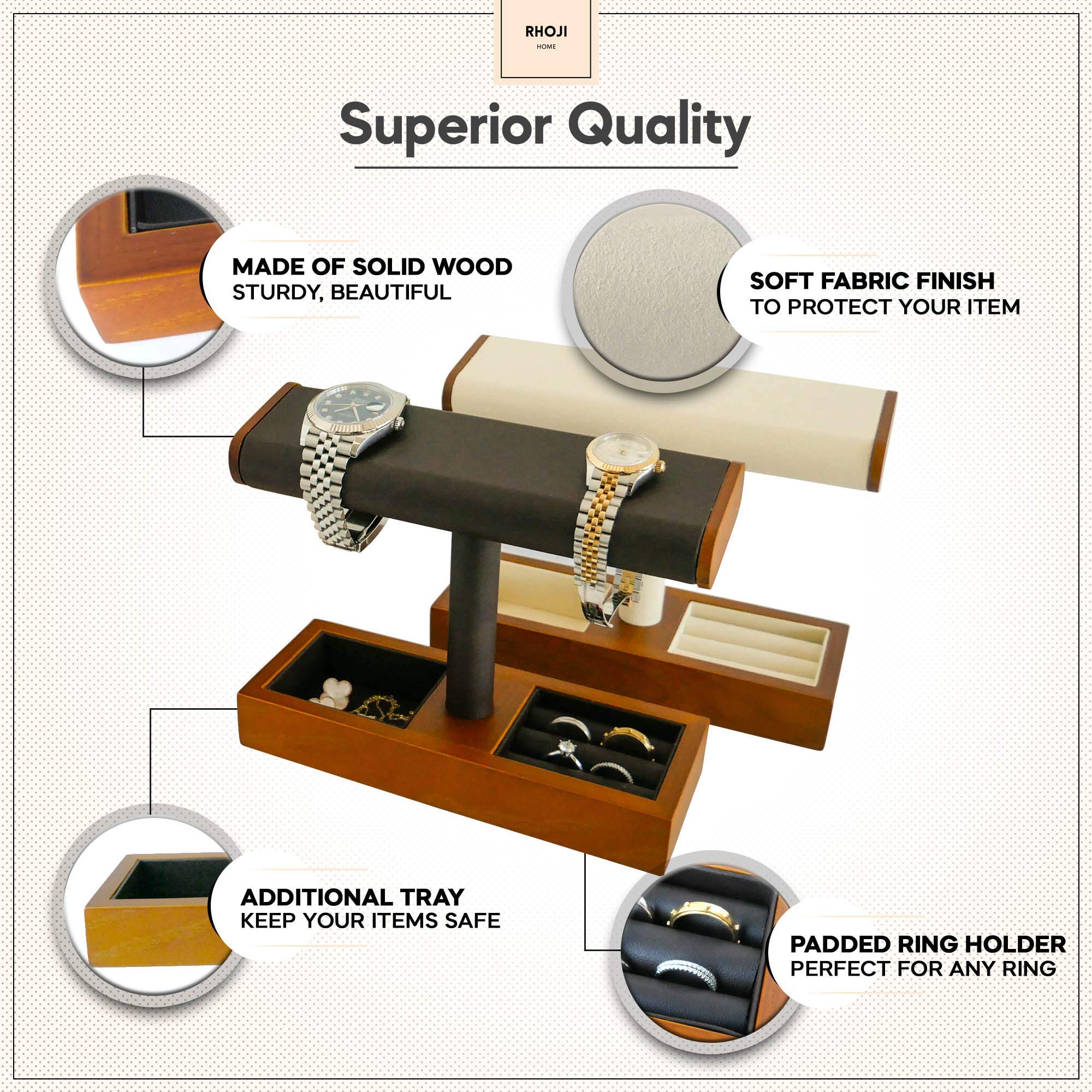 Premium Solid Ashwood Watch Stand & Jewelry Organizer - Elegant Countertop Display for Watches, Bracelets, Rings & Necklaces - Perfect for Bedroom Vanity, Dresser Top or Gift Presentation