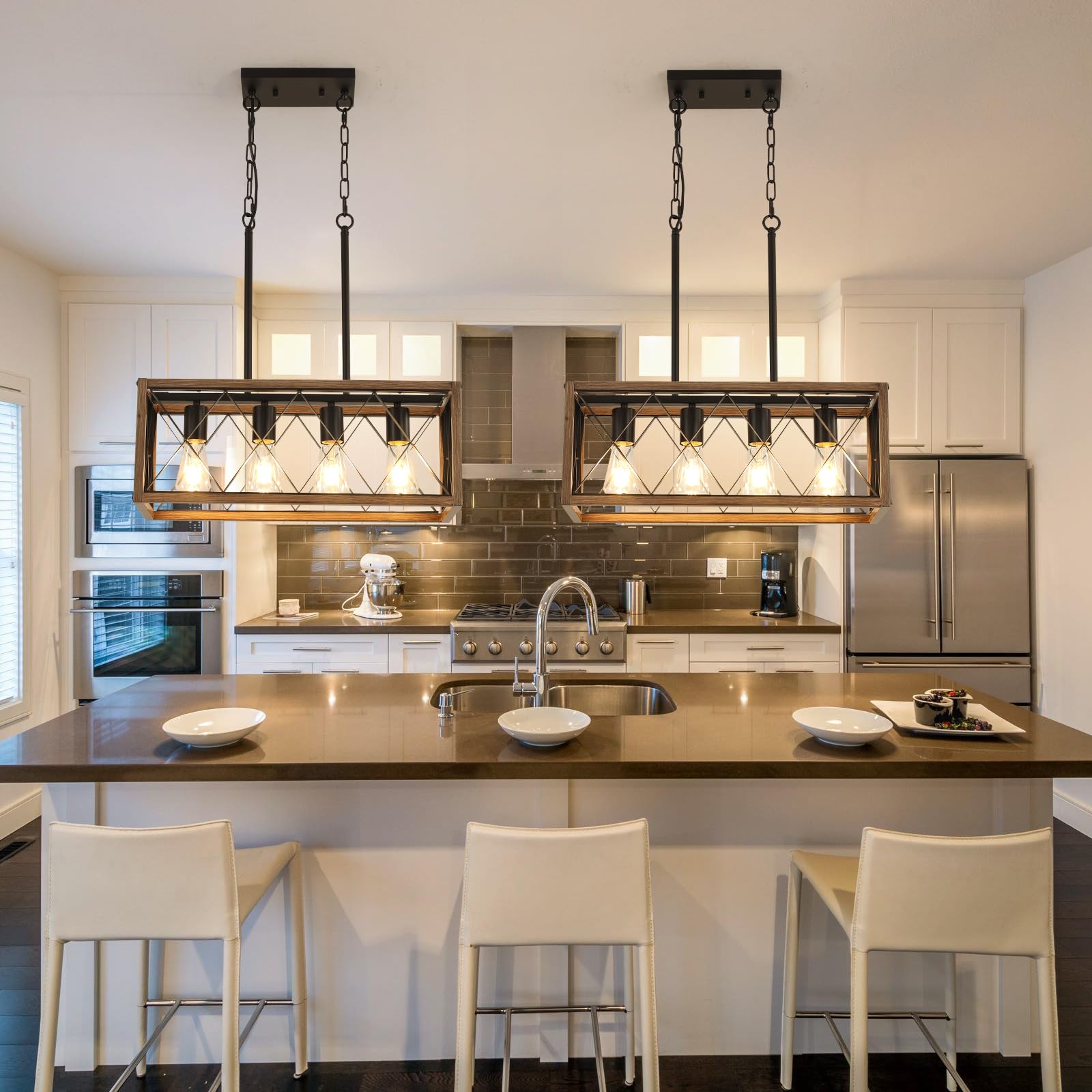 KEESFU 4-Light Adjustable Height Farmhouse Pendant Light - Rustic Wood Grain Linear Chandelier for Kitchen Island, Dining Room Table & Pool Table Lighting - Perfect for Farmhouse, Industrial & Modern Home Decor