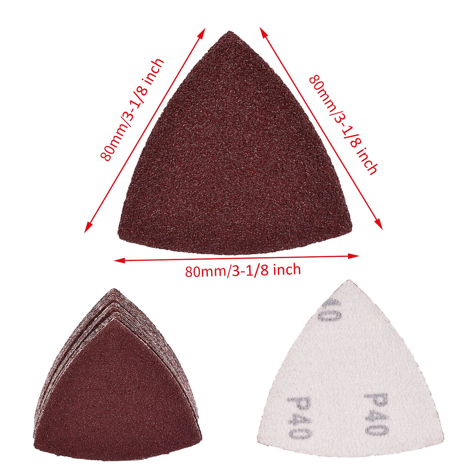 50Pcs 80mm Triangular Hook and Loop Sandpaper Assortment - 40/60/80/120/180 Grit Multi-Tool Sanding Pads for 3-1/8