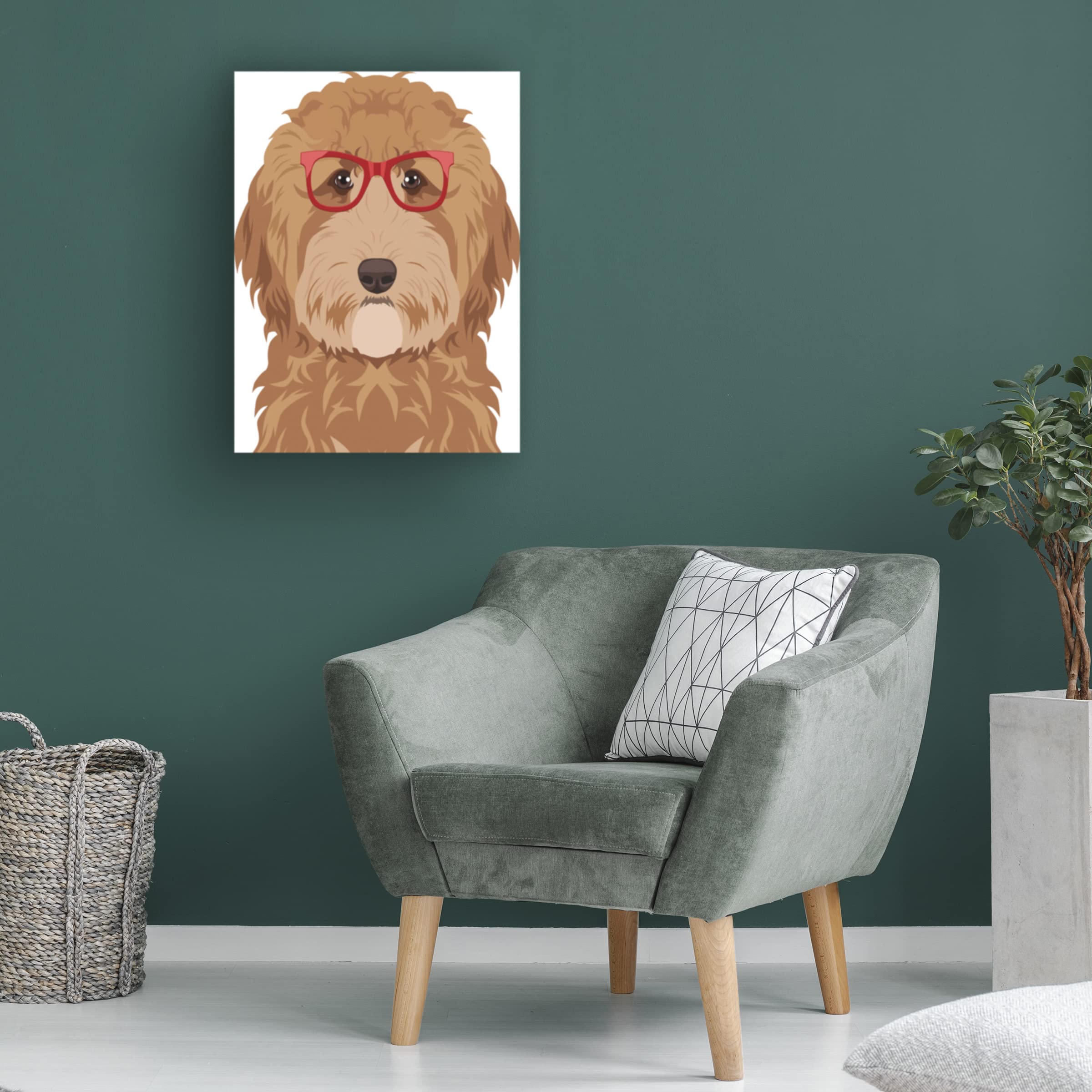 Goldendoodle Wearing Hipster Glasses Canvas Wall Art - Premium Dog Portrait Painting for Living Room, Bedroom & Office Decor - Funny Pet Gift for Dog Lovers