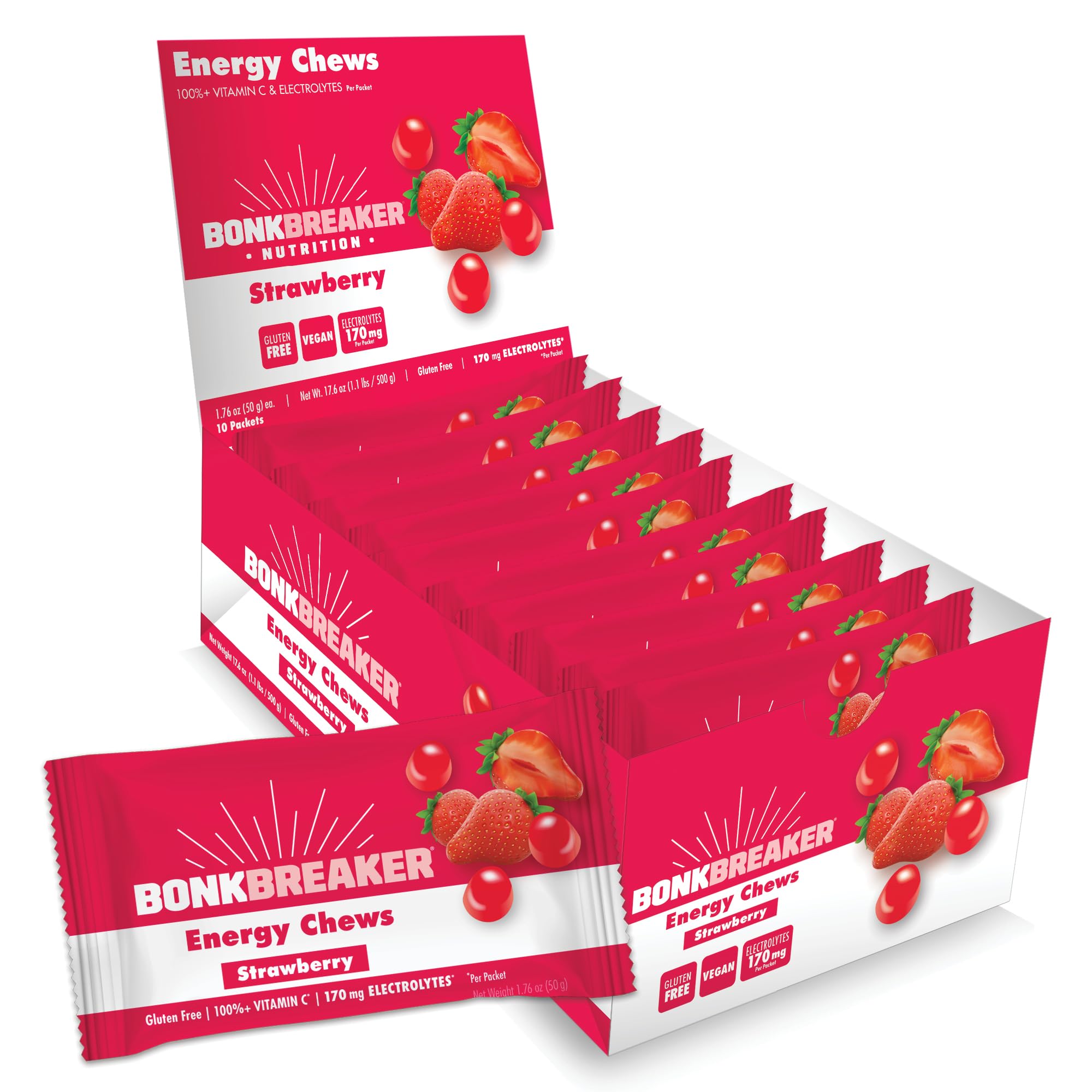 Bonk Breaker Energy Chews - Dairy-Free & Gluten-Free Quick Energy Snacks for Athletes, 10 Packets (Strawberry Flavor) - Perfect for Running, Cycling & Outdoor Adventures