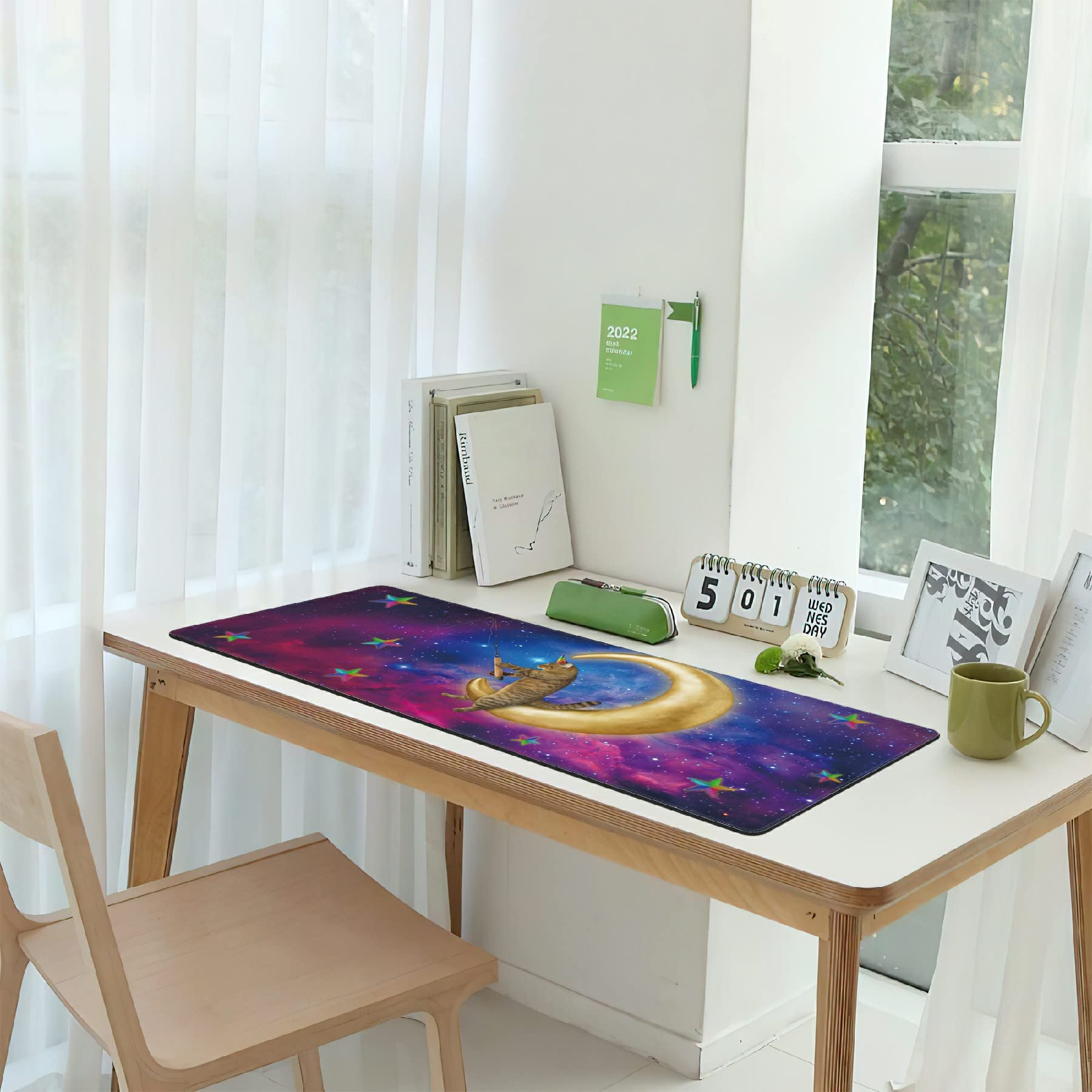 Elightvap Large Gaming Mouse Pad with Cat Moon Stars Design - Non-Slip Rubber Base & Stitched Edges - 35.5