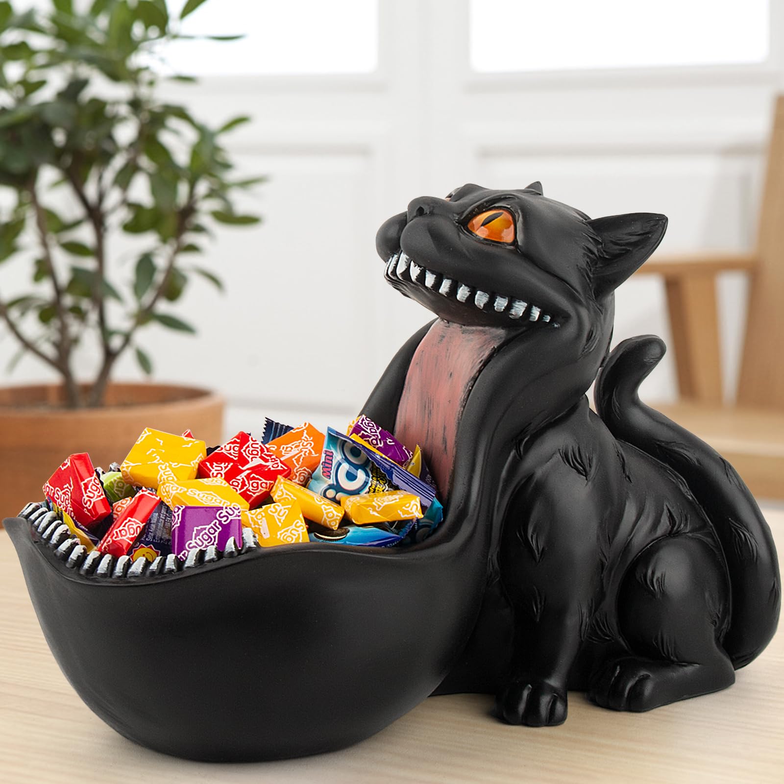 Gothic Black Cat Statue Candy Bowl - Large Decorative Dish for Office Desk, Entryway Table, Halloween Decor - Unique Gift for Cat Lovers (Big Mouth Design)