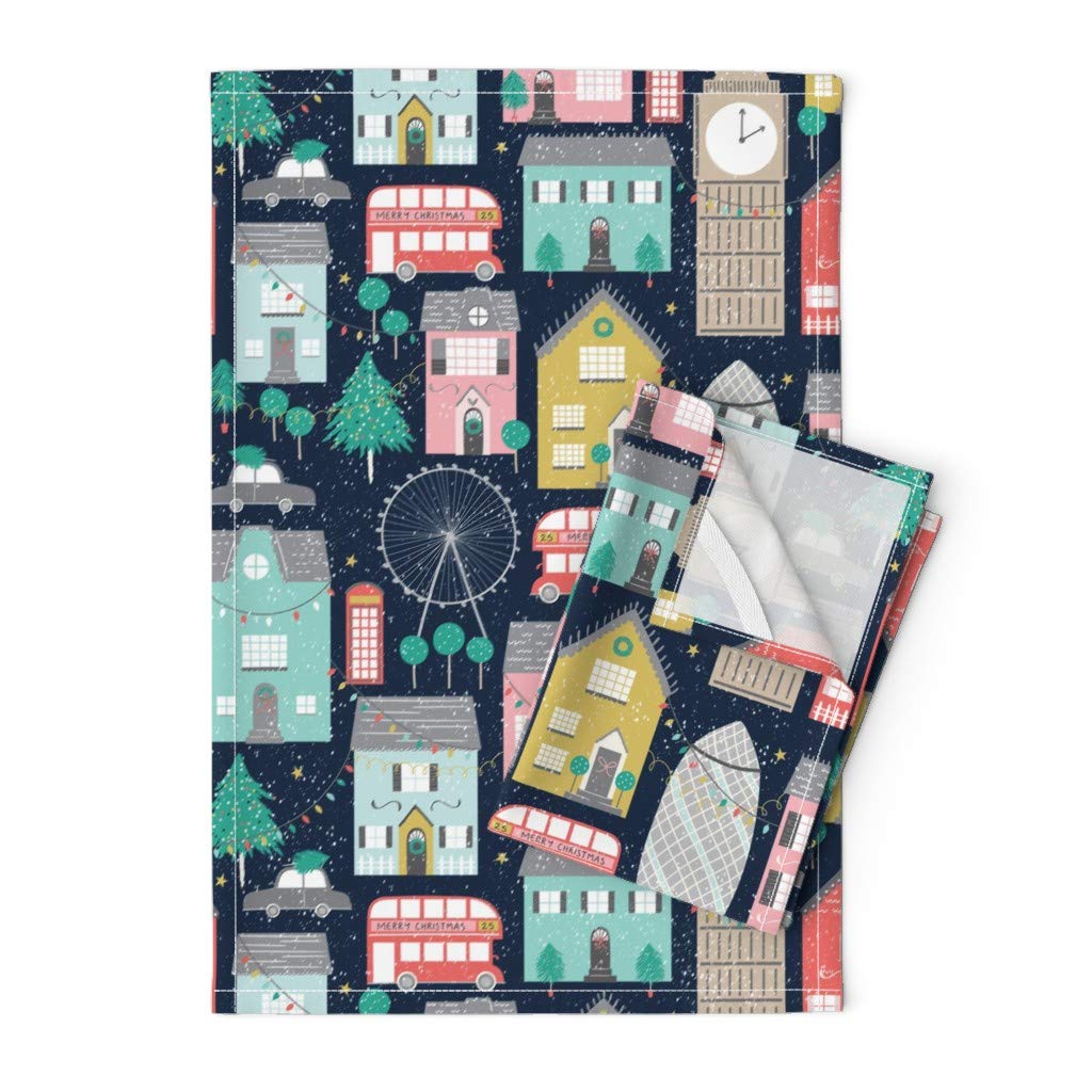 Premium Spoonflower Printed Tea Towel - Linen Cotton Canvas Christmas London Holiday World Print | Decorative Kitchen Towel for Holiday Decor, Gift Giving & Cozy Home Use