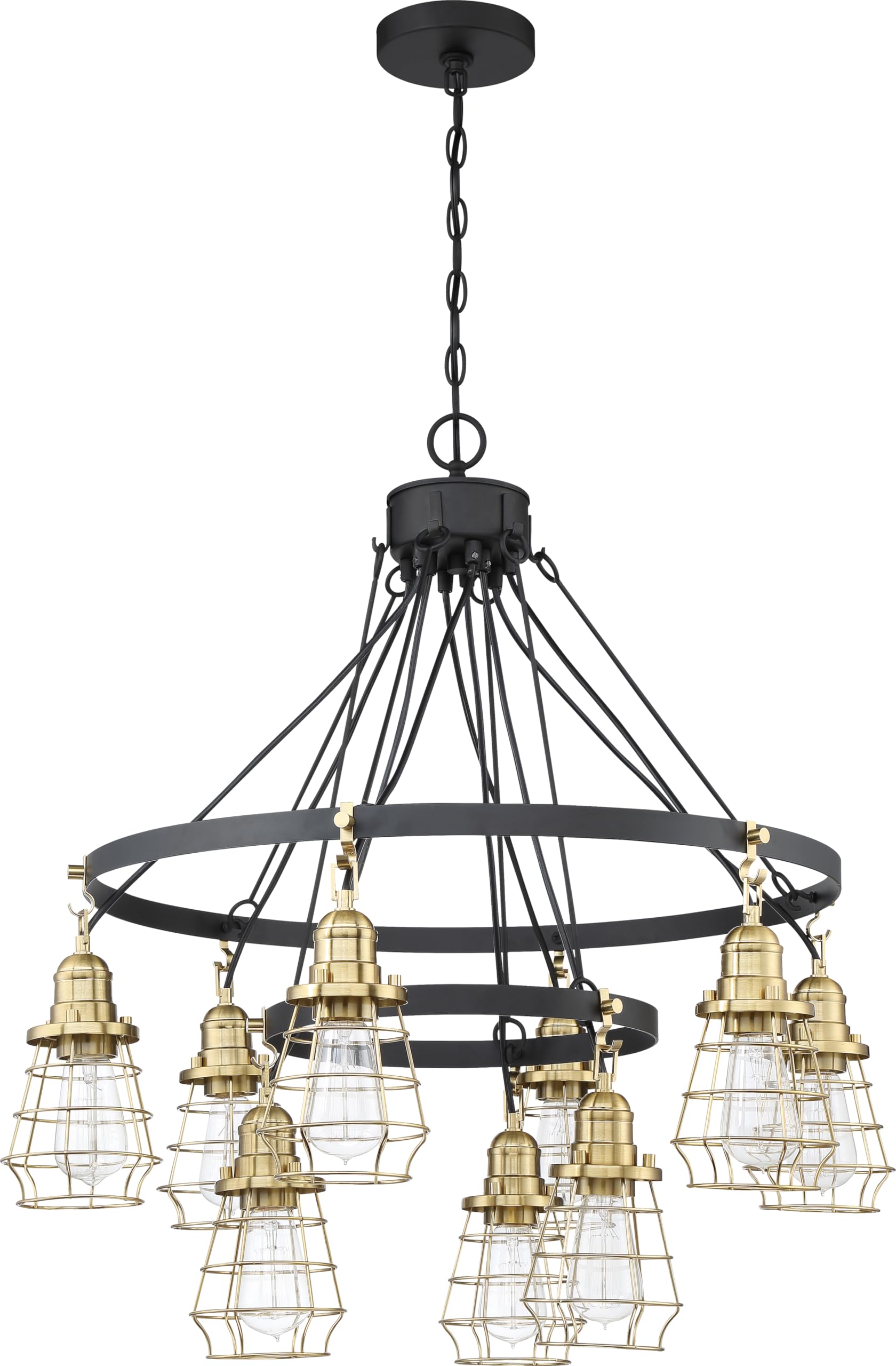 Craftmade 50629-FBSB Vintage Industrial Metal Wire Cage Chandelier - 9-Light 540W, Flat Black/Satin Brass Finish - Perfect for Farmhouse, Loft & Industrial Style Dining Rooms, Kitchens & Living Spaces