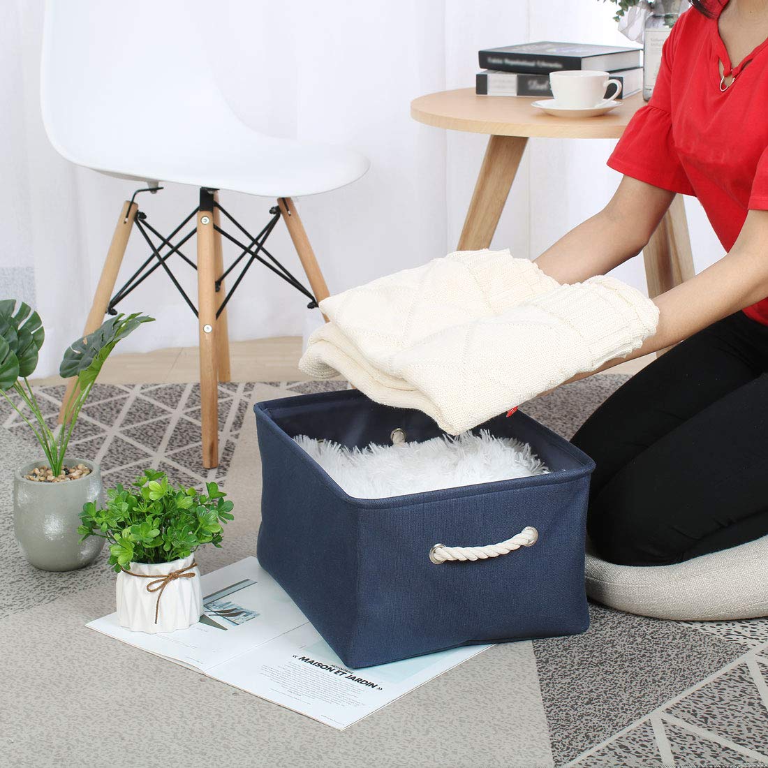 uxcell Collapsible Fabric Storage Basket - 50L Dark Blue Linen & EVA Organizer with Dual Handles | Space-Saving Solution for Bedroom, Office, Closet, Nursery & Laundry Room Organization