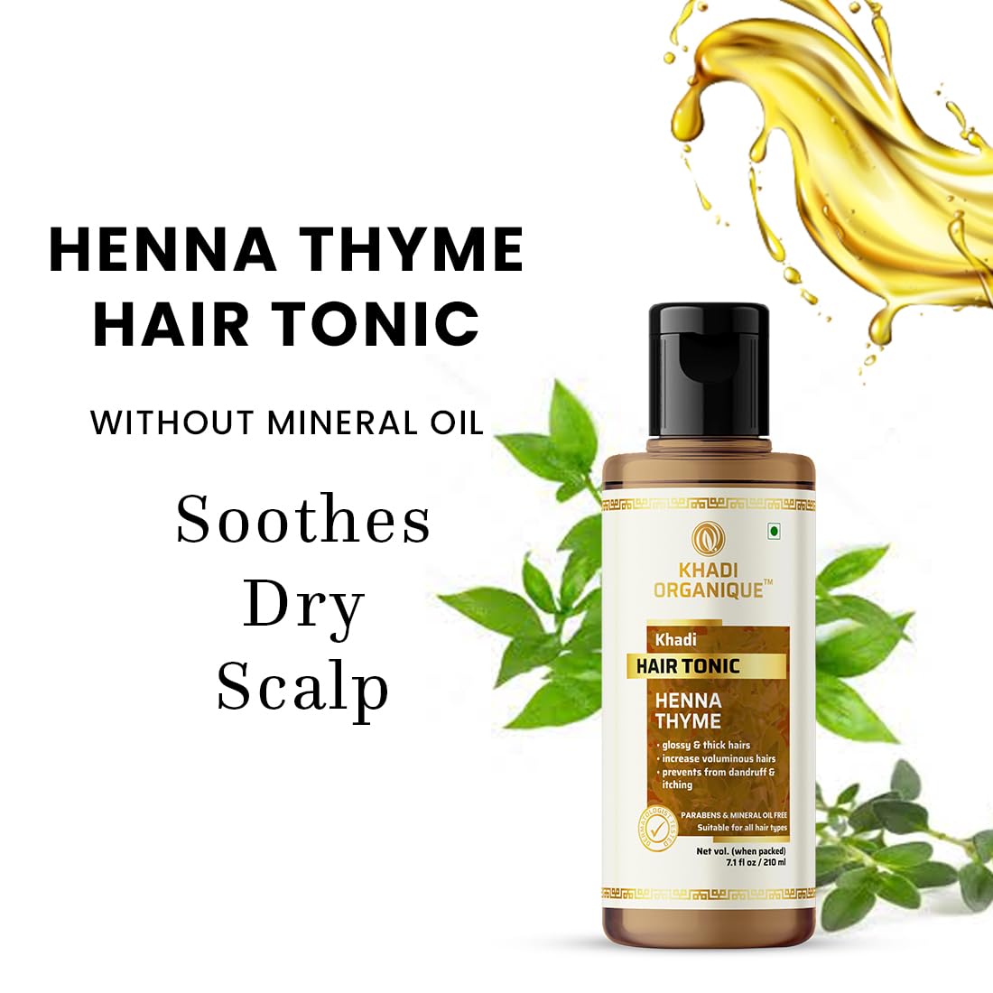 Khadi Organique Henna & Thyme Natural Hair Tonic - Paraben & Mineral Oil Free (1 Pack) | Promotes Hair Growth & Scalp Health for All Hair Types