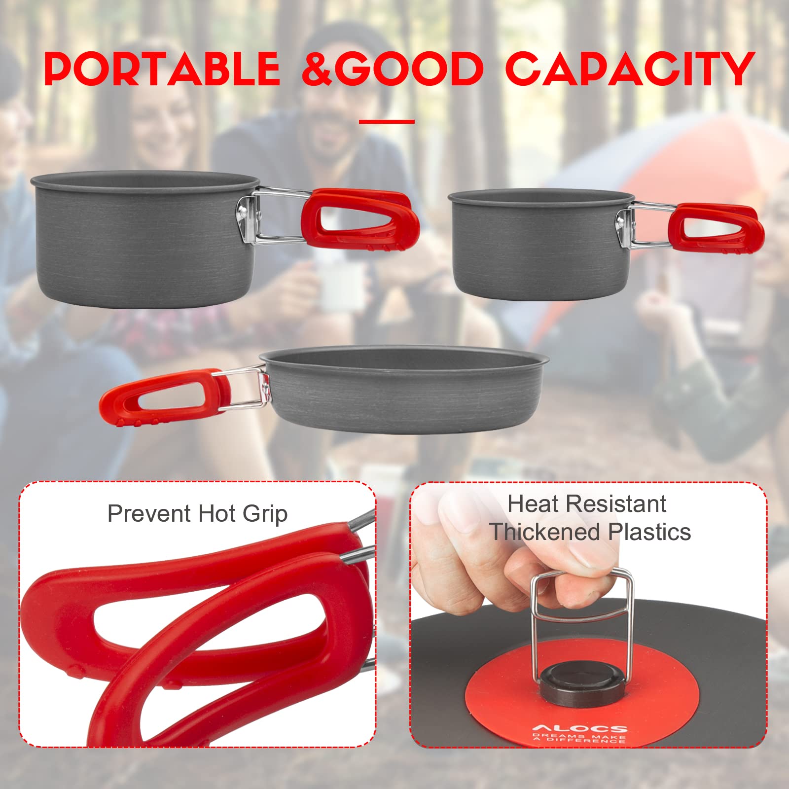 Alocs Camping Cookware Set - Lightweight & Portable Outdoor Cooking Kit with Accessories for Camping, Backpacking, Hiking, Picnic - Perfect for RV Trips, Beach BBQs and Family Outdoor Adventures