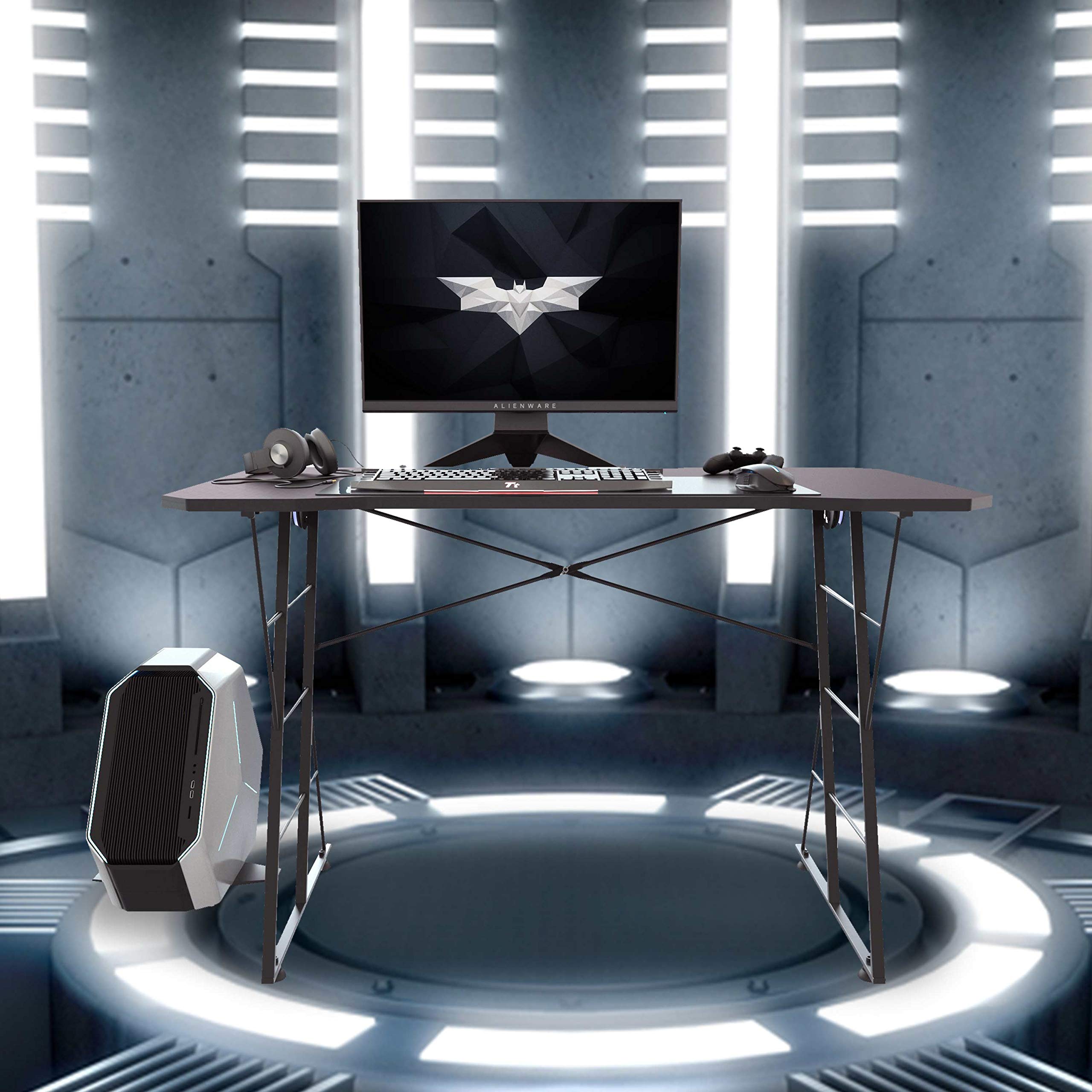 HomVent 47-inch LED Gaming Desk - Z-Shaped Ergonomic Computer Desk with Cup Holder, Headphone Hook, Monitor Riser & Cable Management for PC Gamers - Perfect for Streaming, Esports & Home Office Setup (47.24
