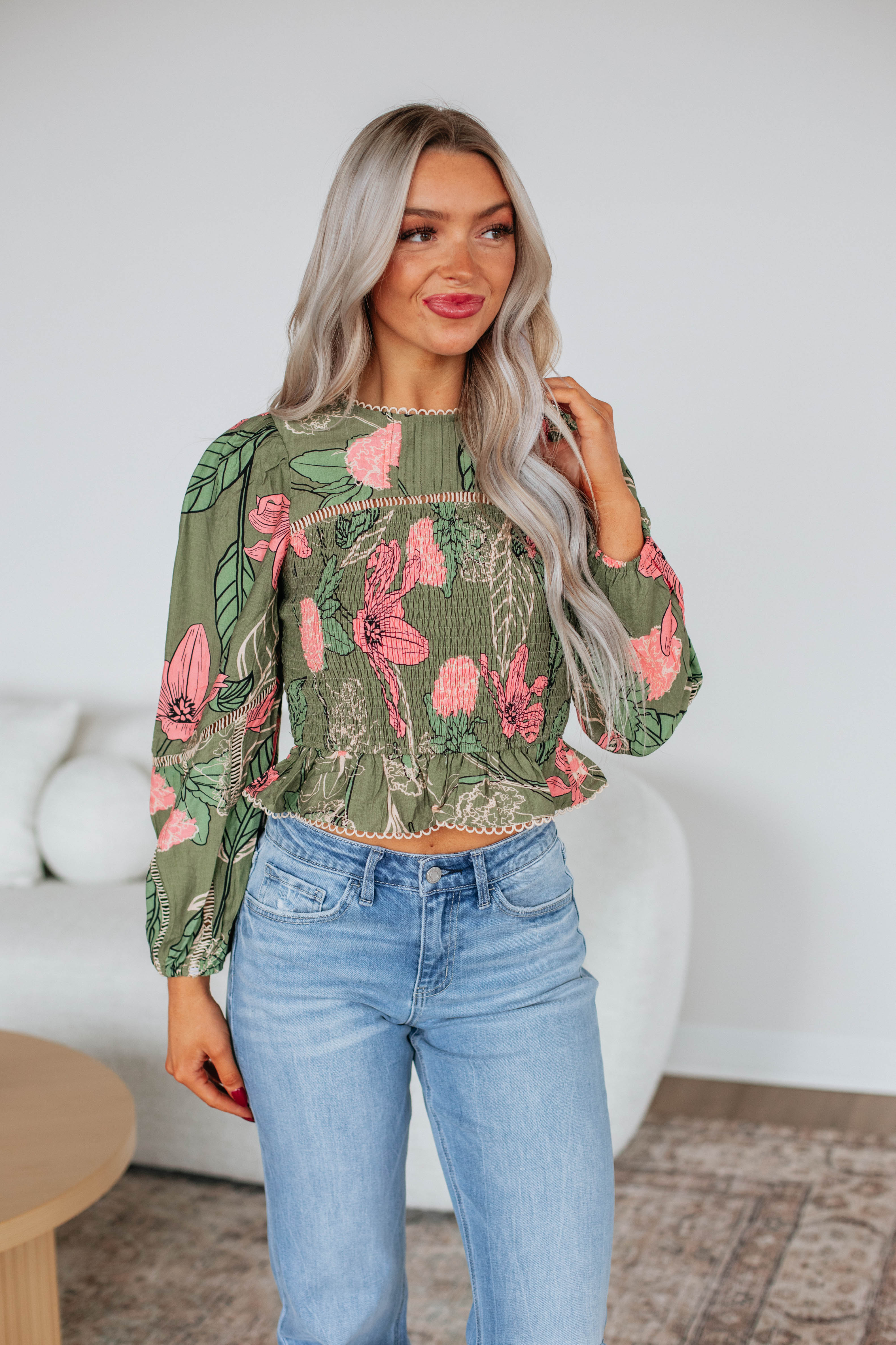 Nemara Floral Print Women's Blouse - Olive Green Flowy Tunic Top for Casual Outings & Spring Fashion