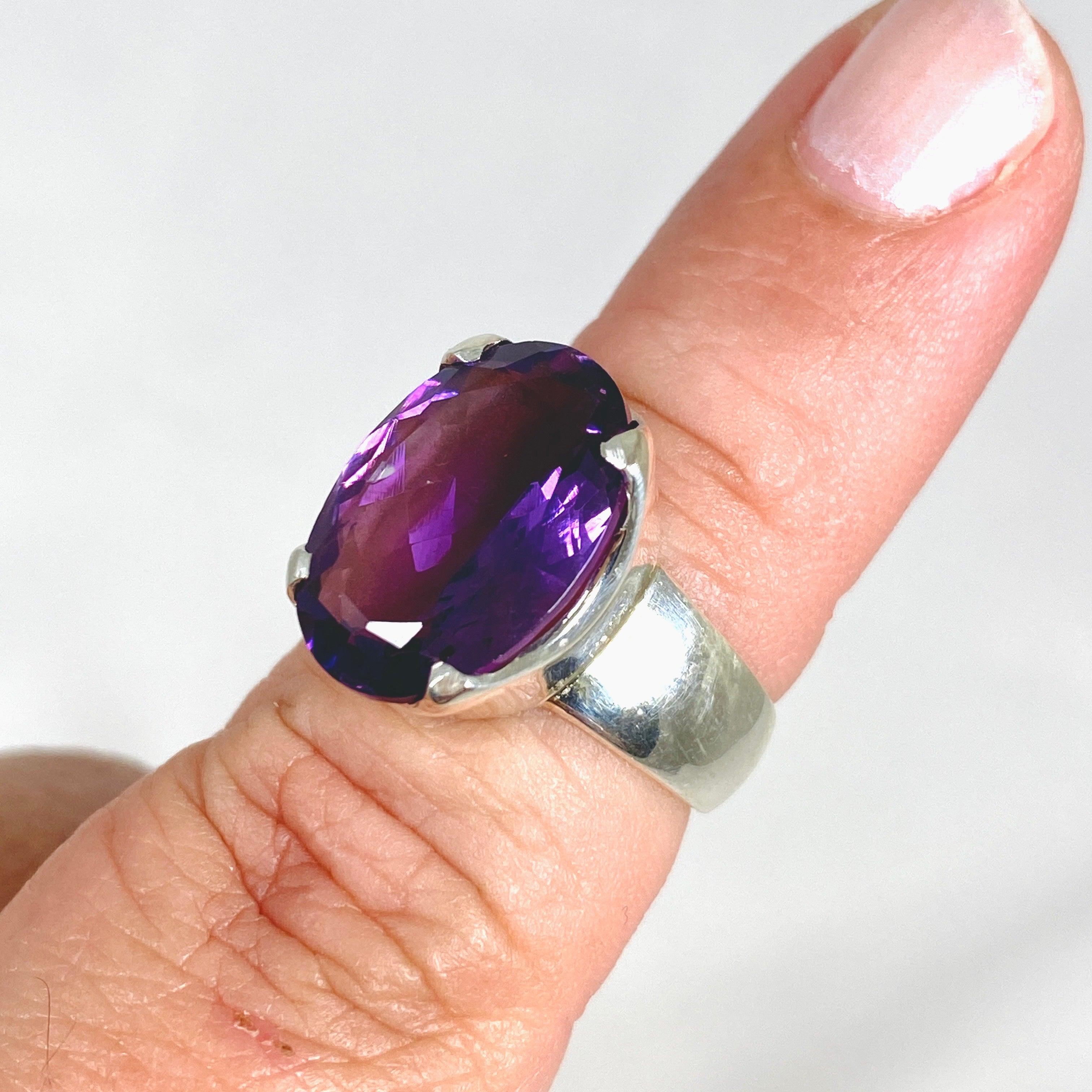 Amethyst Faceted Oval Ring - Size 7, Sterling Silver Jewelry KRGJ2965 | Elegant Gift for Women, Birthday, Anniversary, Wedding, Party & Everyday Wear